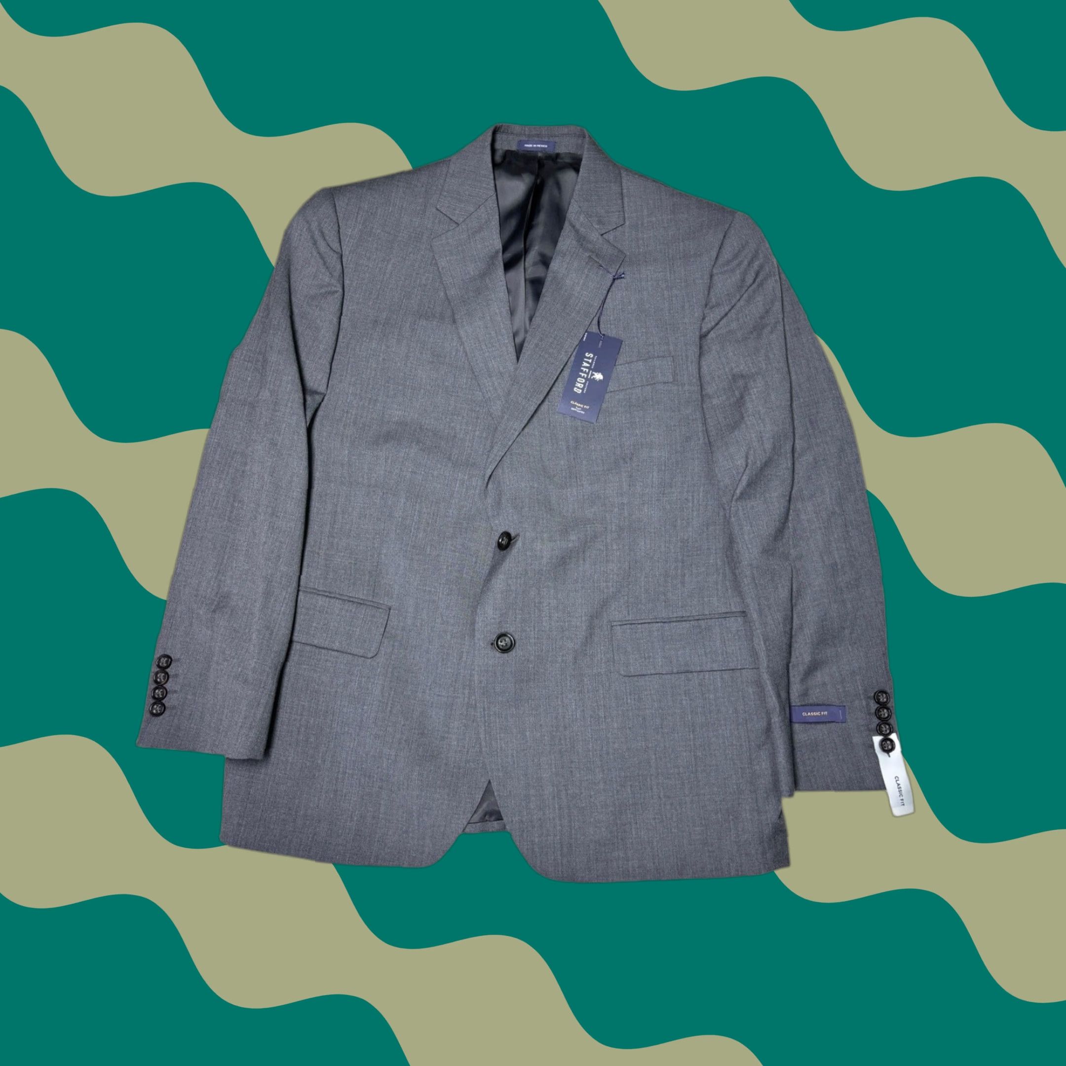 Stafford Stafford Wool Herringbone Suit Jacket Blazer 2 Piece 44 Short Notch Lapel Two-Button Classic Fit Mens Grey Regular Vintage No Size US 44 / EU 60 - 1 Thumbnail
