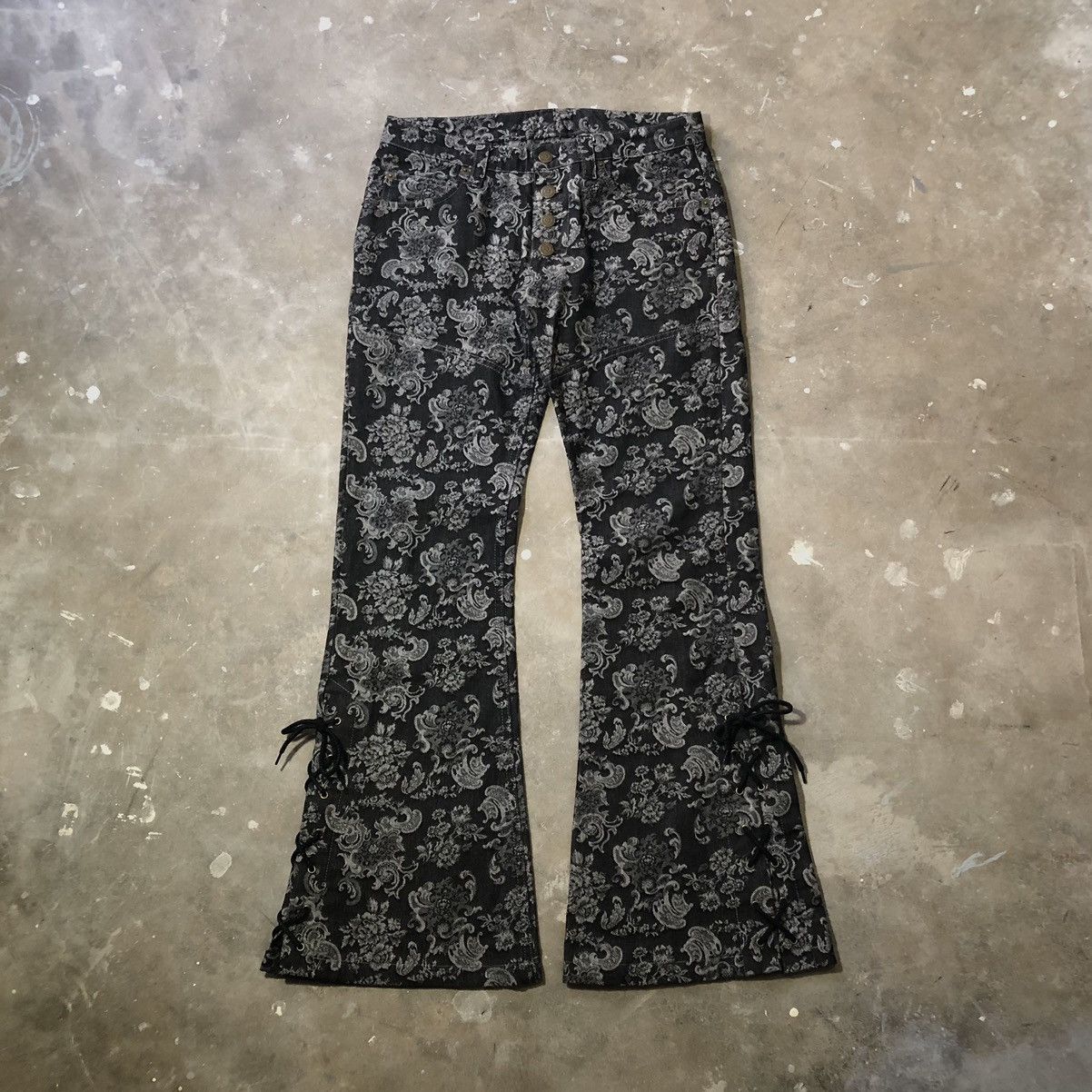 image of If Six Was Nine x Tornado Mart Floral Lace Up Flared Jeans in Black, Men's (Size 29)