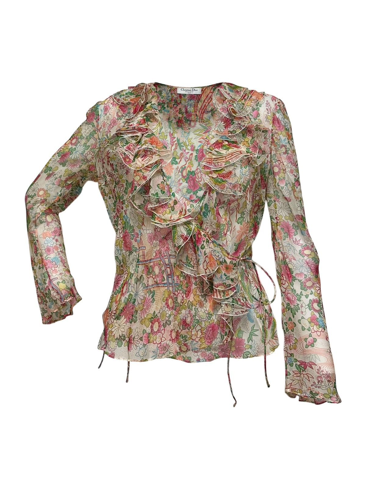 Dior CHRISTIAN DIOR S/S 2002 Floral Print Silk Chiffon Wrap Shirt 