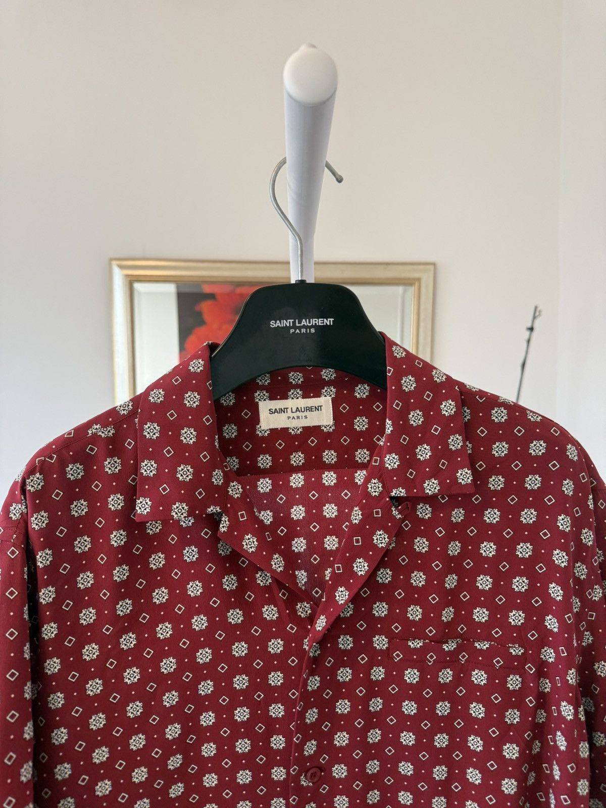 Saint Laurent Paris Saint Laurent Diamond Print Shark Collar Silk Shirt Size US M / EU 48-50 / 2 - 6 Thumbnail