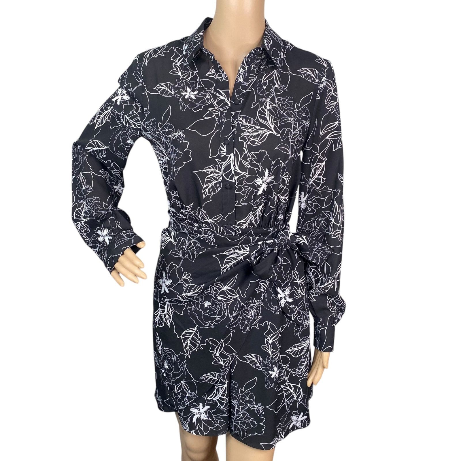 Parker Parker Gianna Black White Floral Wrap Mini Shirt Dress SZ S Size S / US 4 / IT 40 - 2 Thumbnail
