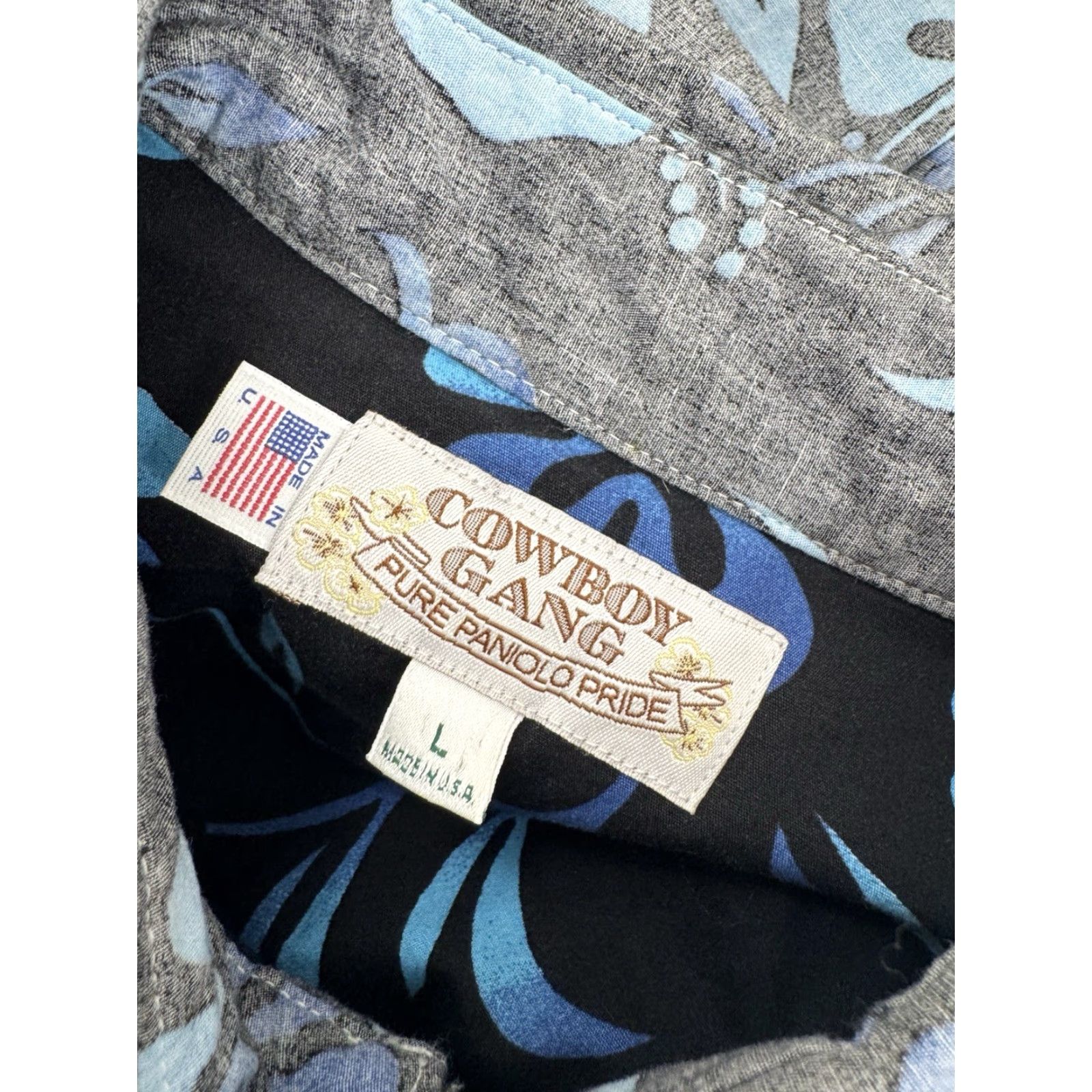 Carhartt COWBOY GANG Paniolo Pride Floral Pearl Snap MADE IN USA Western L Shirt EXC - Carhartt, Button-Up, Floral, Long Sleeve, Blue / Gray, Men, L Size US L / EU 52-54 / 3 - 5 Thumbnail