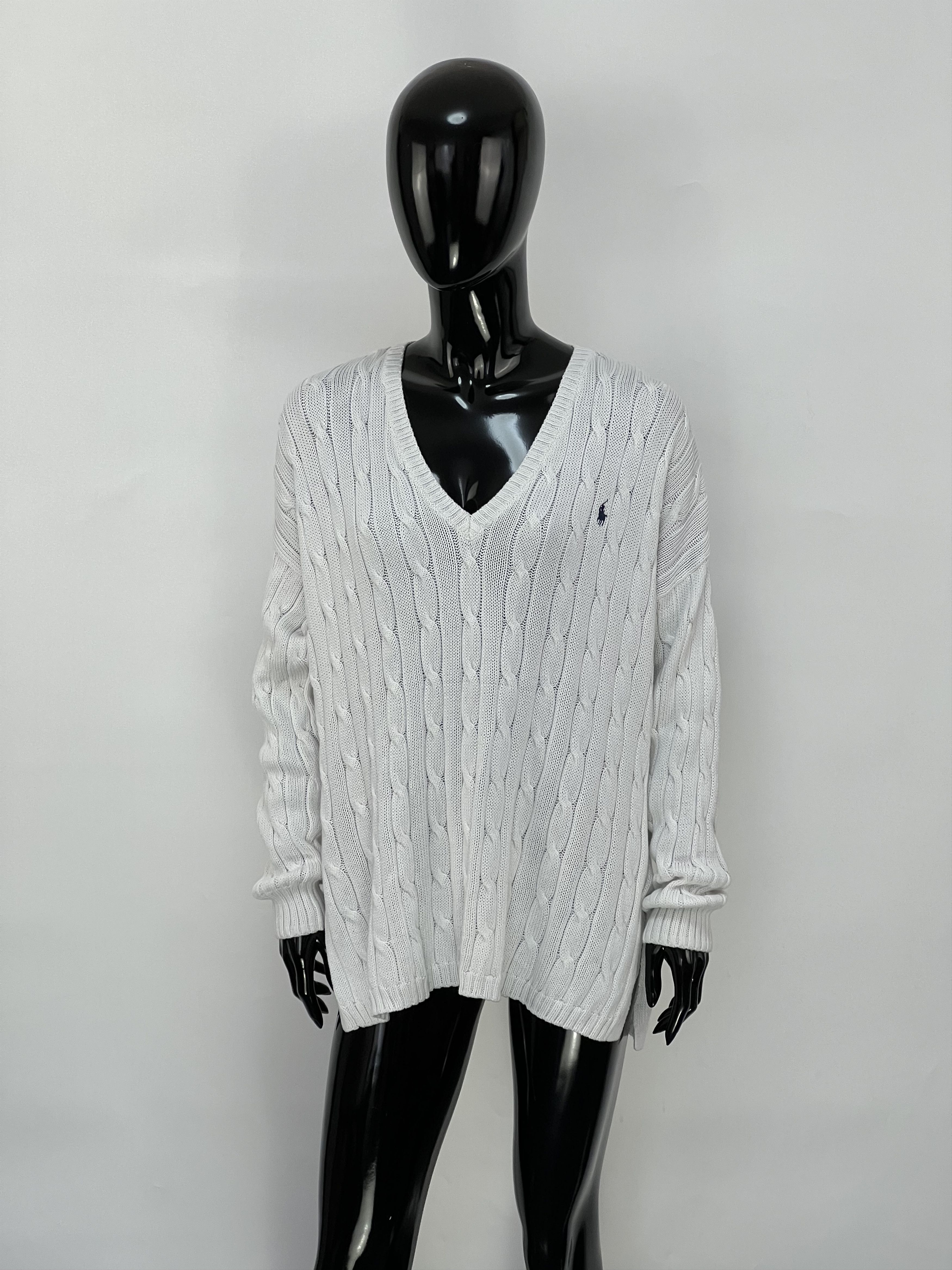 Polo Ralph Lauren Polo Ralph Lauren White Cotton Cable Knit V-Neck Sweater Size L / US 10 / IT 46 - 1 Thumbnail