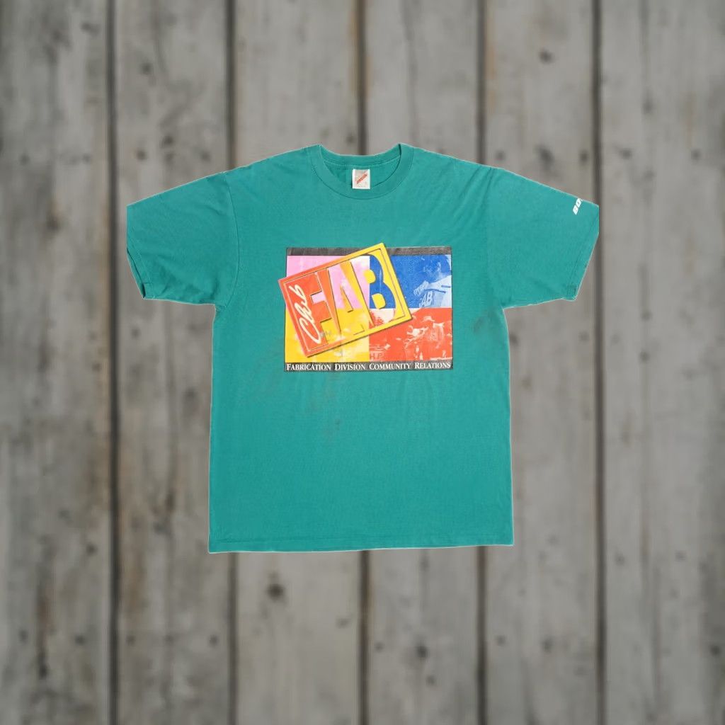 Jerzees VINTAGE Jerzees T-Shirt Club Fab Fabrication Division 1990s Unisex Adults Large Blue Green Cotton Polyester Tee Shirt Mens Womens Boys Girls Size US L / EU 52-54 / 3 - 1 Thumbnail