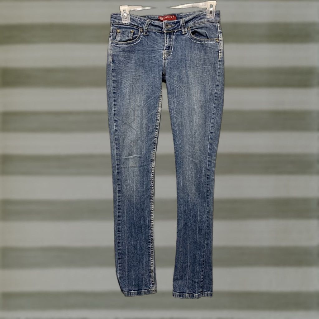 Denime Red Rivet Jeans Women’s 7 Blue Low Rise Skinny Denim Pockets Embroidered Flap 5-Pocket Size 28" / US 6 / IT 42 - 1 Thumbnail