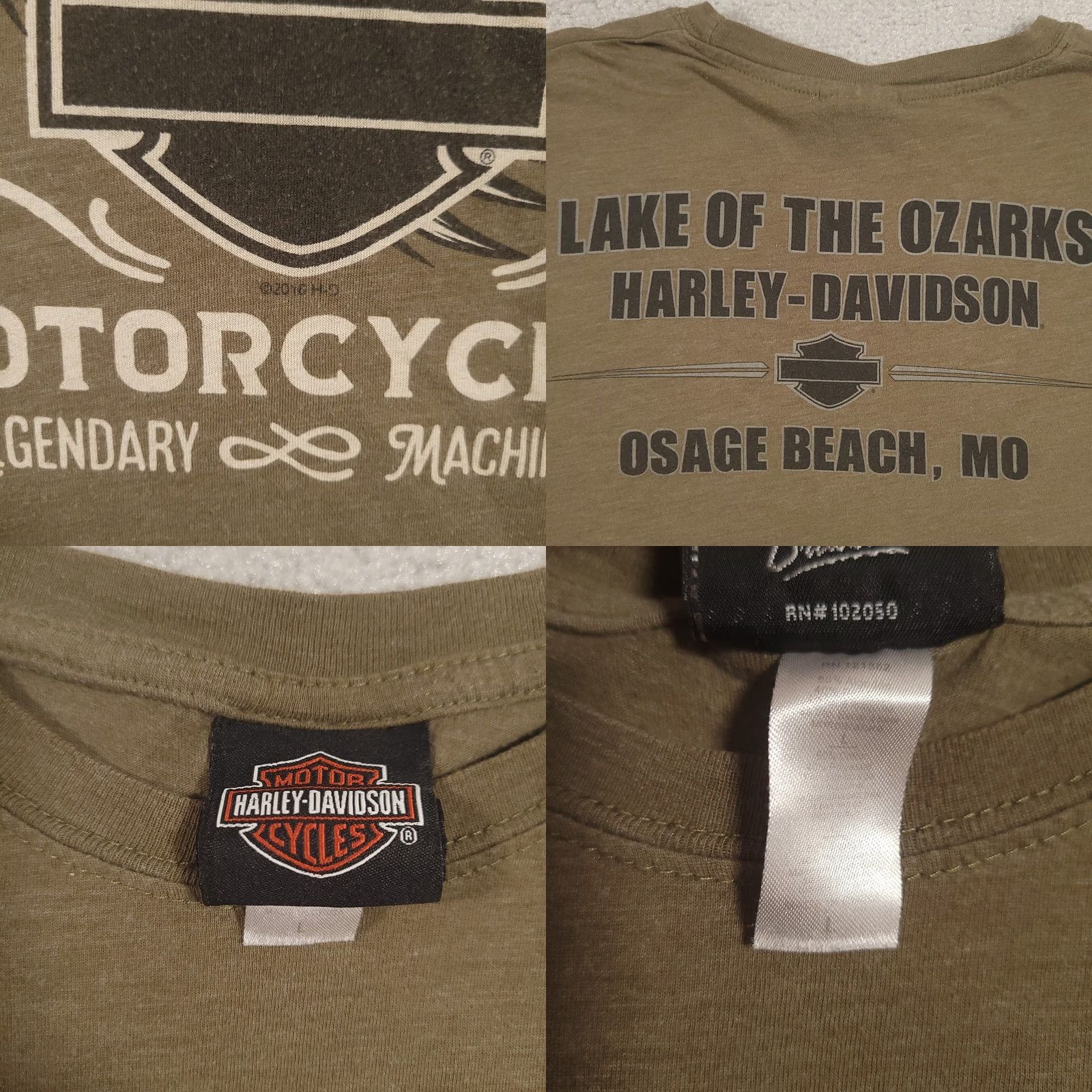 Harley Davidson Harley-Davidson Shirt Mens L Olive Green Lake Of The Ozarks Motorcycle Graphic Graphic Print Crew Neck Short Sleeve T-Shirt Biker Mens Size US L / EU 52-54 / 3 - 8 Thumbnail