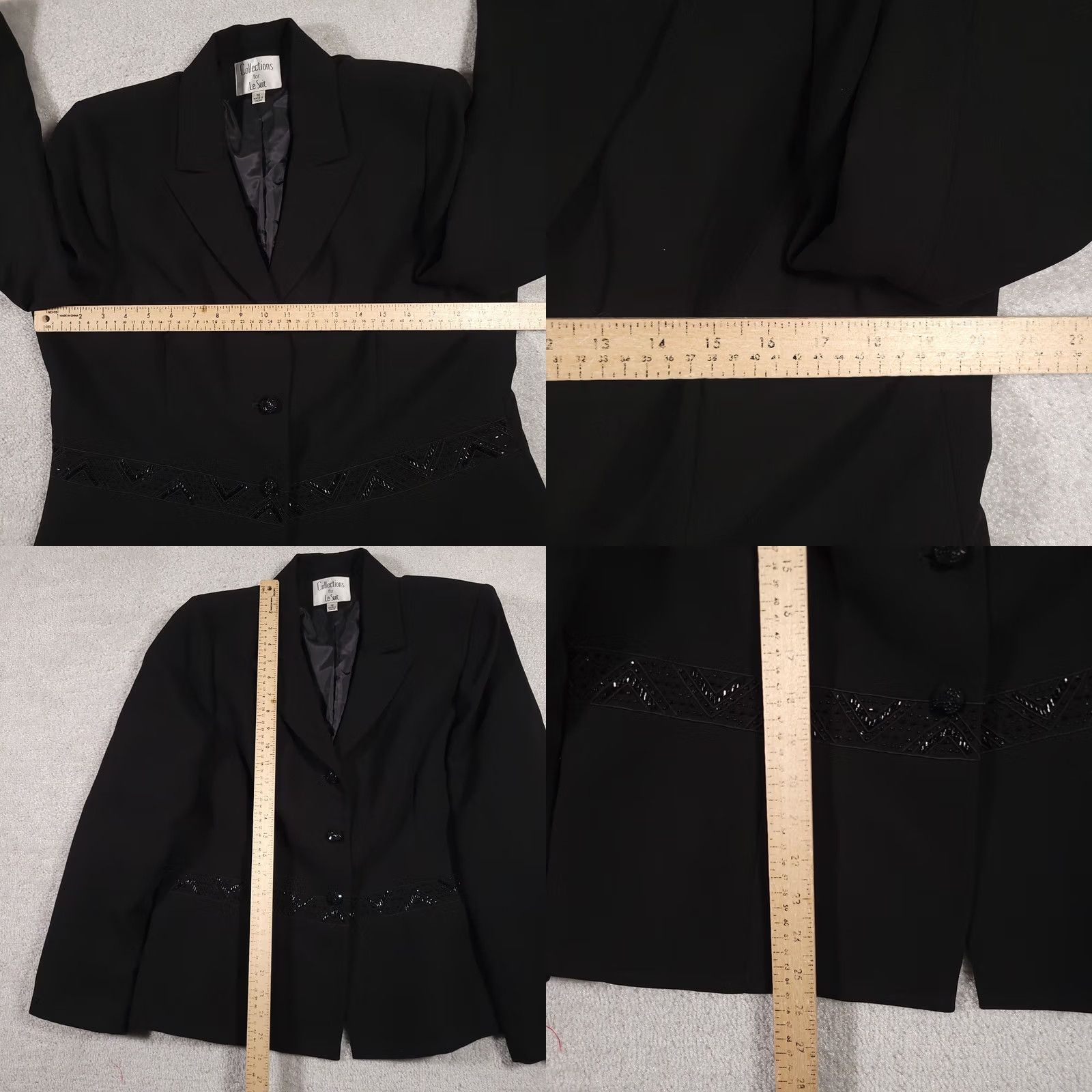Vintage Le Suit Blazer Jacket Women 16 Black Shoulder Pads Three Button Lined Beaded Size XXL / US 16-18 / IT 52-54 - 8 Thumbnail