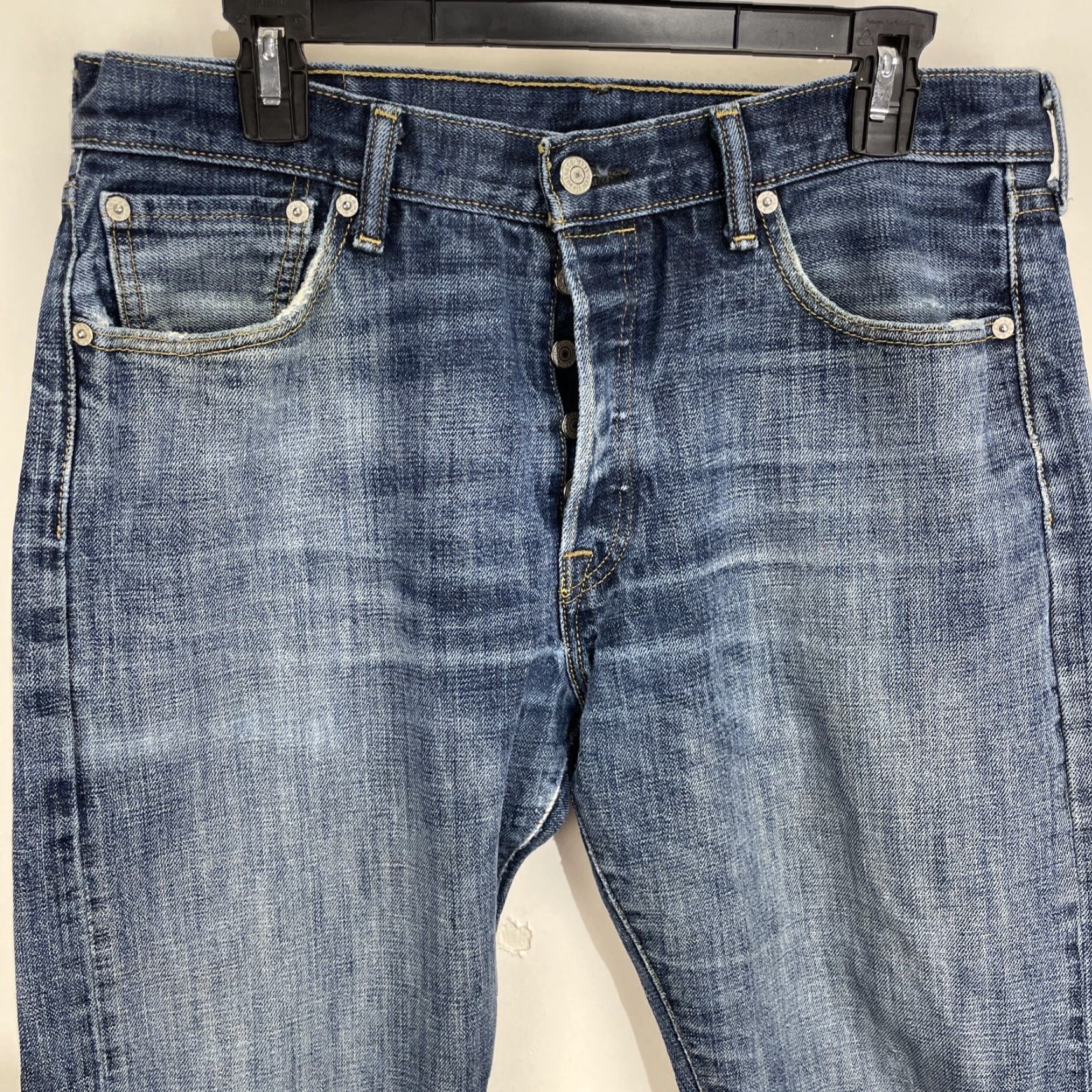 Levi's Levi's 501 Jeans Mens 34x34 Blue Denim Button Fly Distressed Casual Pants Size US 34 / EU 50 - 2 Thumbnail