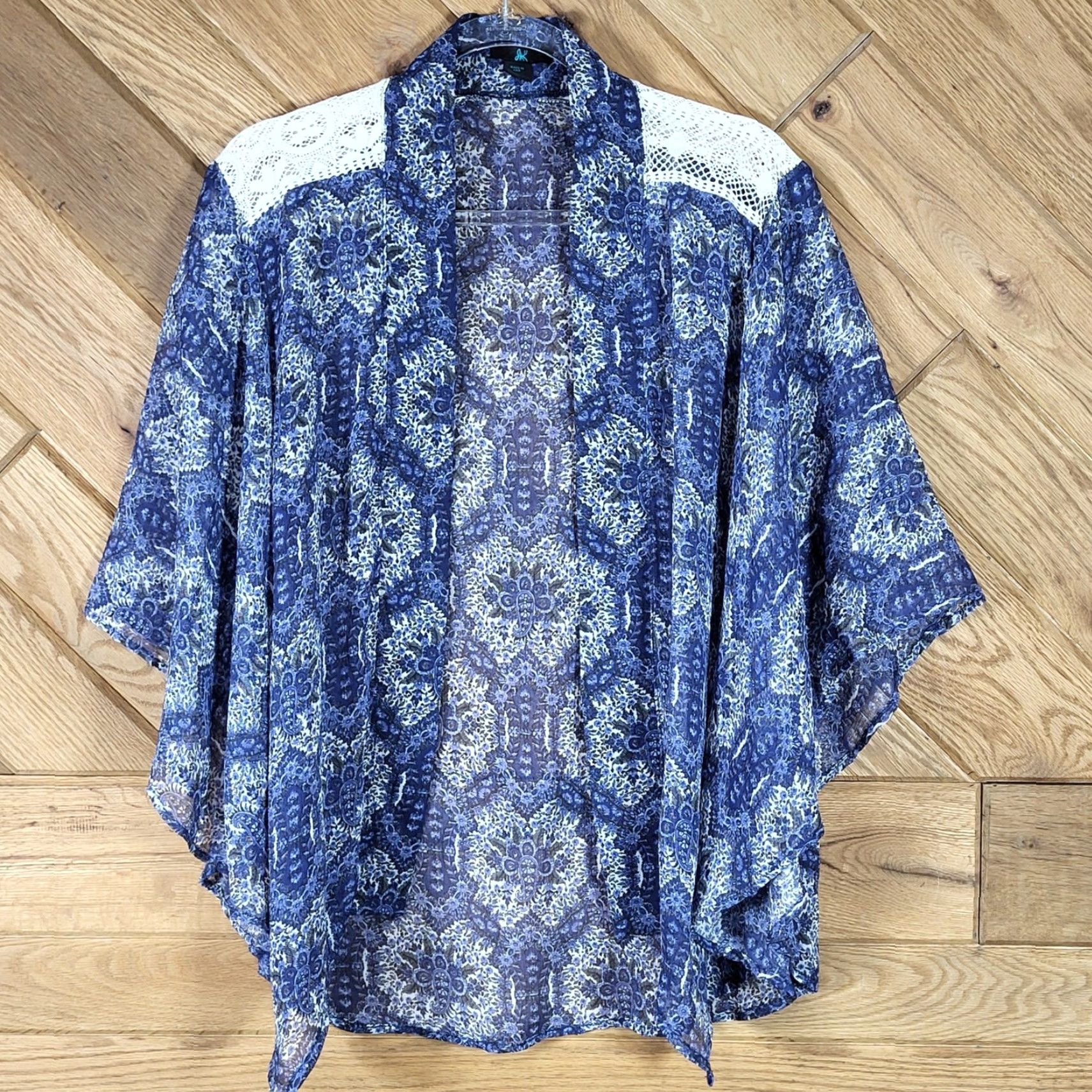 Vintage Skyline Bohemian Kimono Cardigan Women L Paisley Lace Crochet Sheer Blue White Chiffon Polyester Size L / US 10 / IT 46 - 2 Thumbnail