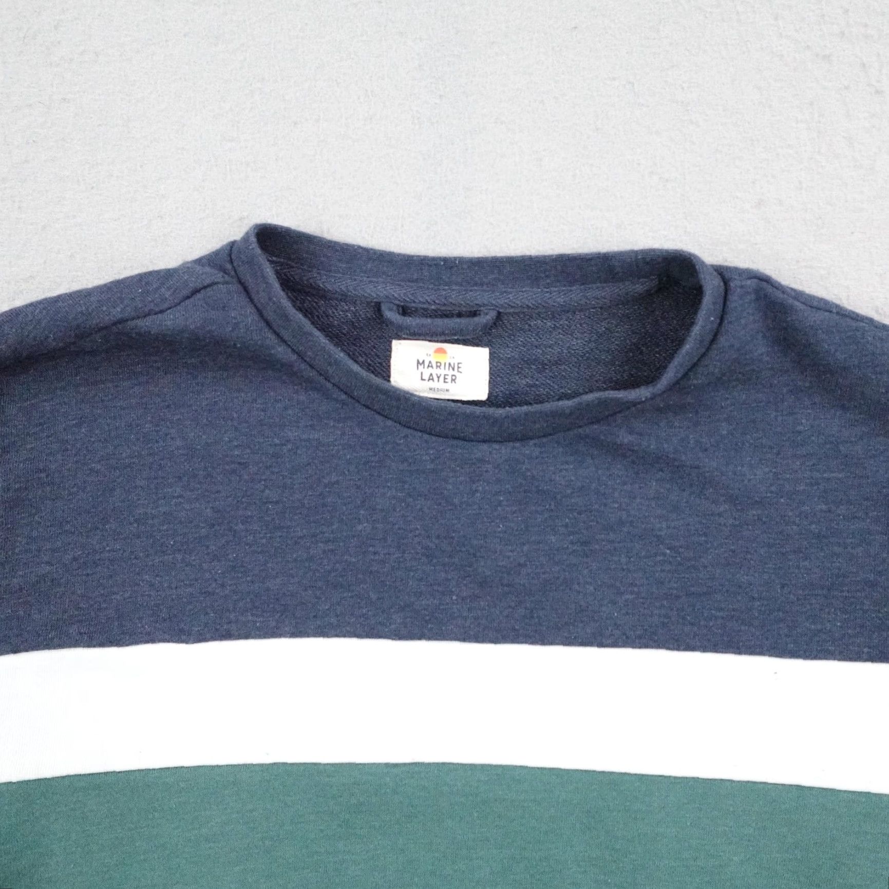 Marine Layer Sweatshirt Men M White Blue Green Colorblock Crewneck Pullover Pattern Striped Logo Fleece Cotton Polyester Vintage No