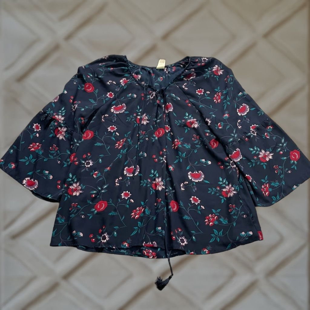 Faded Glory Faded Glory Tunic Blouse 2XL Navy Blue Floral Tasseled Long Sleeve Casual Womens Size XXL / US 16-18 / IT 52-54 - 1 Thumbnail