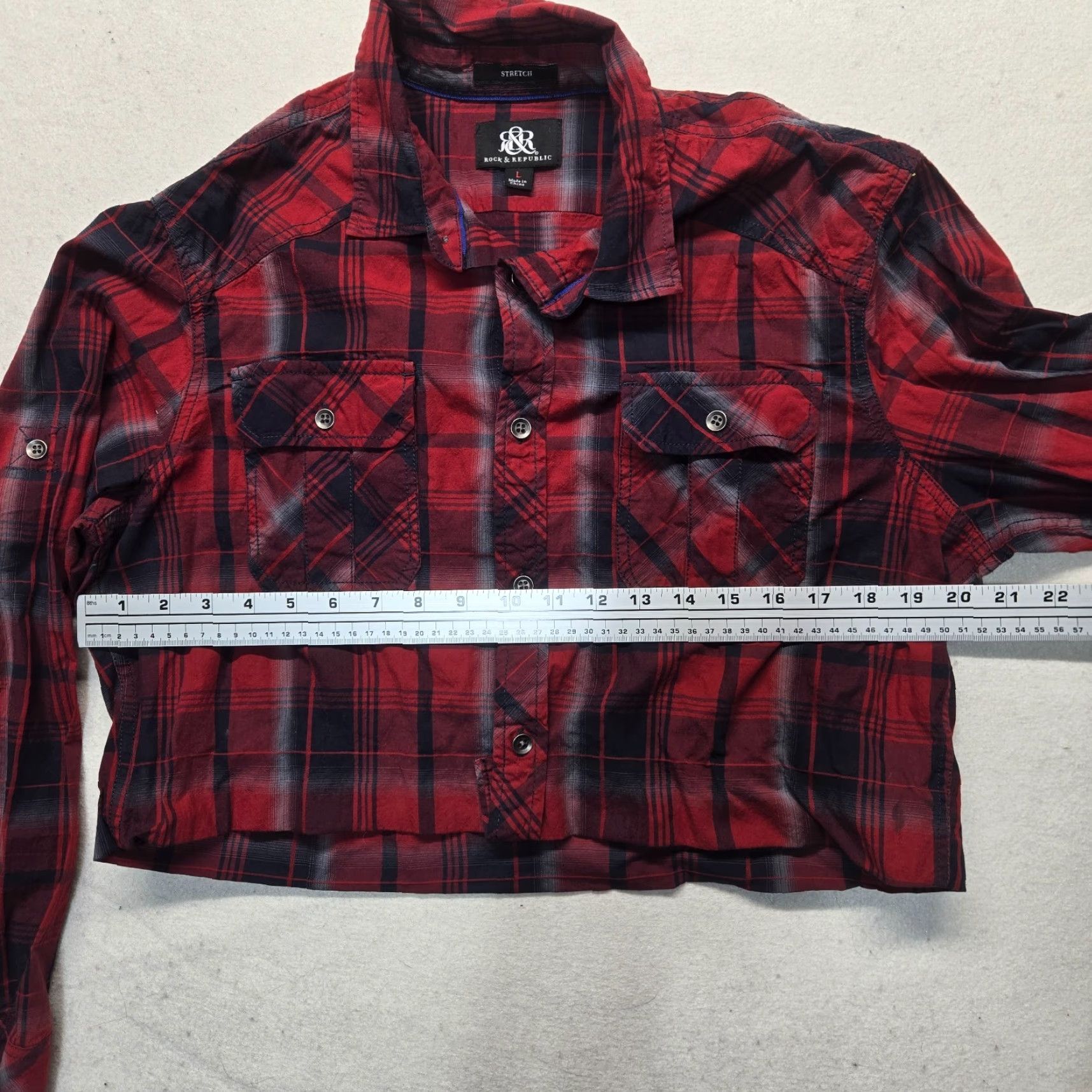 Vintage Rock & Republic Shirt Cropped Women's L Red Plaid Long Sleeve Button-Up 90s Retro Women's L Size L / US 10 / IT 46 - 4 Thumbnail