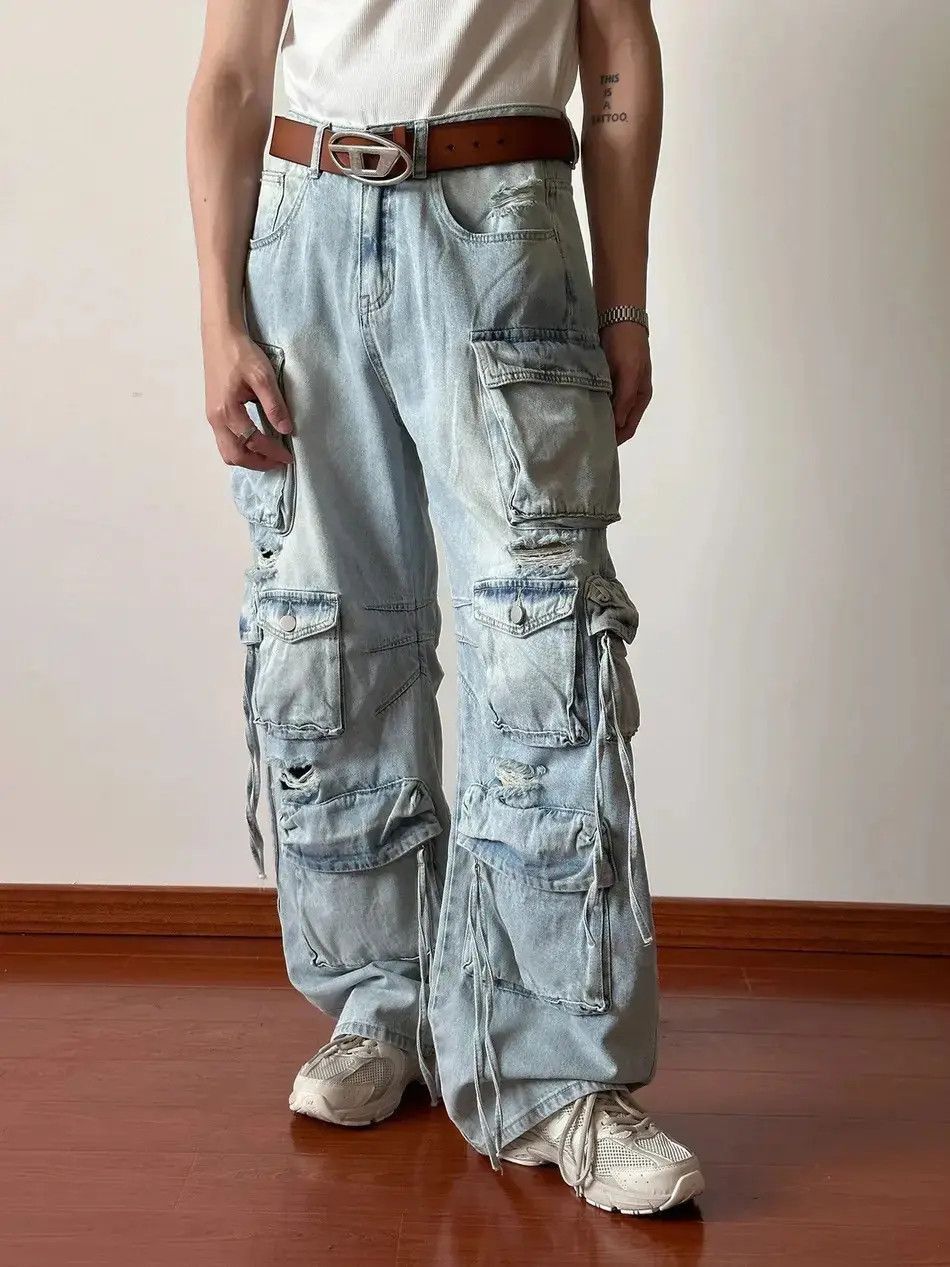 Japanese Brand Frayed loose jeans pockets ripped wide legs retro style Y2K Size US 32 / EU 48 - 4 Thumbnail