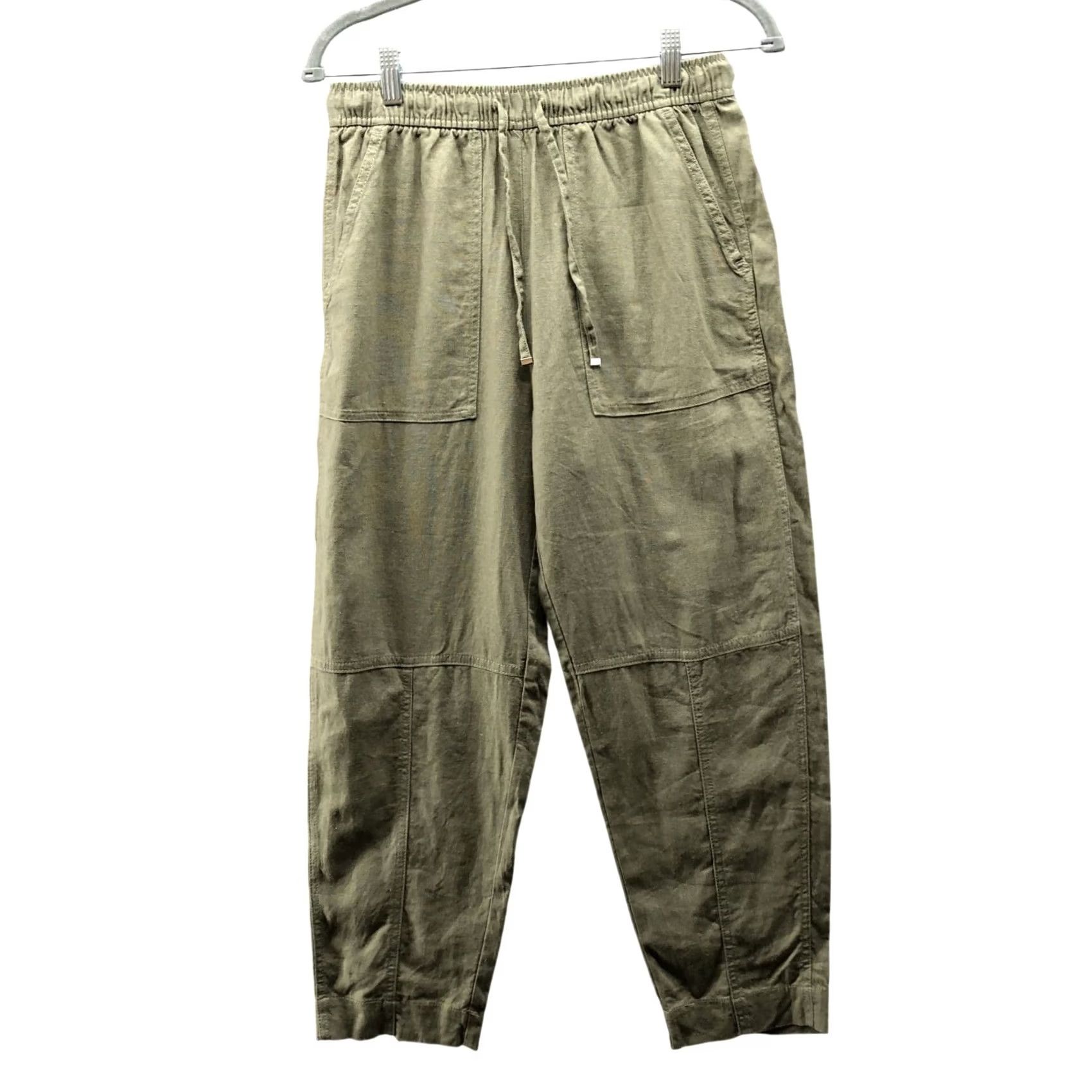 Zara Zara Linen Blend Crop Pants Womens S Olive Green Pull On Relaxed High Rise Cropped Wide-Leg Bohemian 90s Fashion? Size 28" / US 6 / IT 42 - 2 Thumbnail