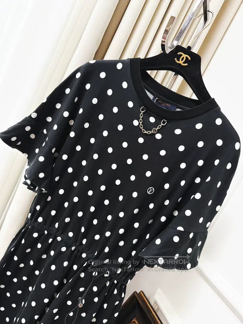 Louis Vuitton Louis Vuitton Black full logo polka-dot ruffle sleeve dres Size M / US 6-8 / IT 42-44 - 2 Thumbnail