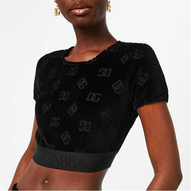 Dolce & Gabbana o1g2r1mq1024 Flocked Cropped Jersey T-Shirt in Nero Size XS / US 0-2 / IT 36-38 - 4 Thumbnail