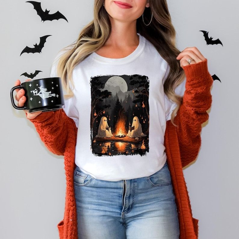 Designer Camping Halloween Ghost Reading Book Shirt Size M / US 6-8 / IT 42-44 - 1 Thumbnail