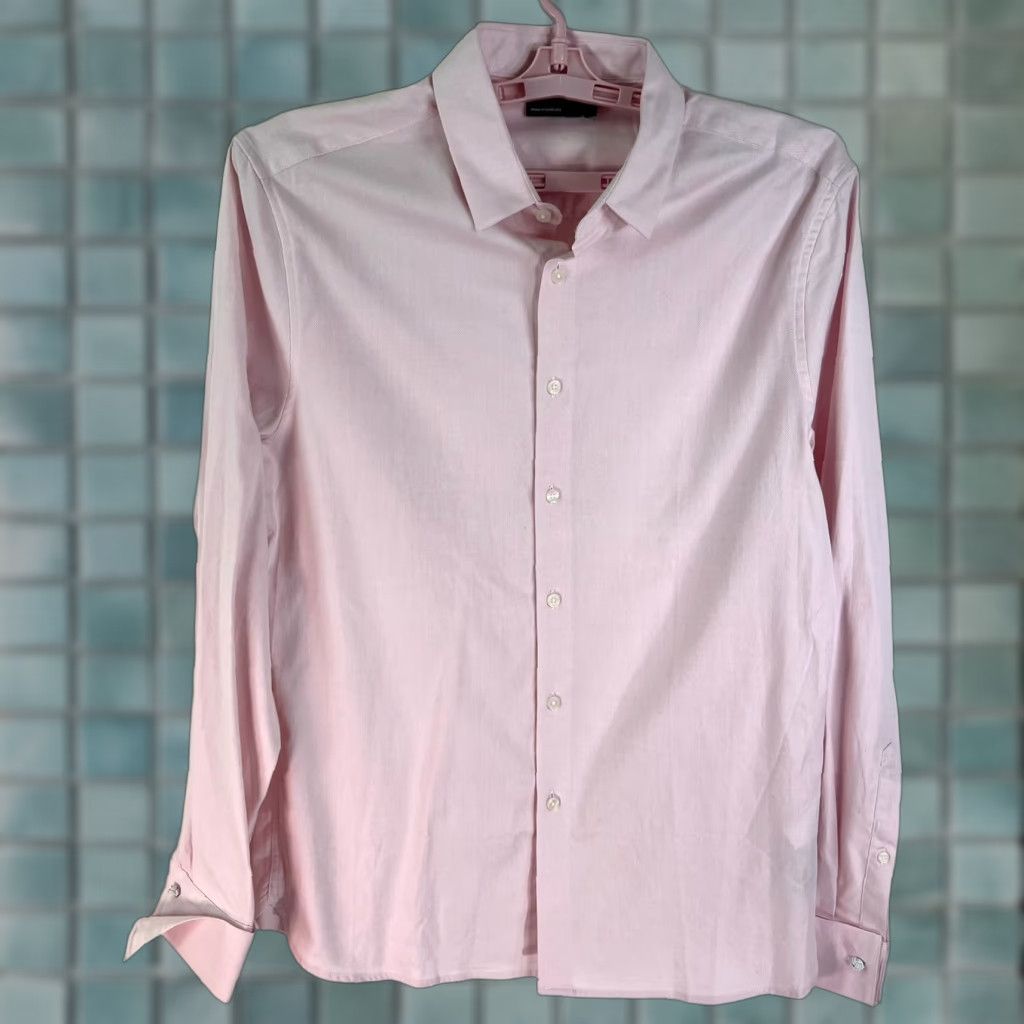 Asos ASOS Design Dress Button-Up Shirt Mens L Pink Cotton Blend Herringbone Knot Buttons 90s Style Mens Size 42R - 1 Thumbnail