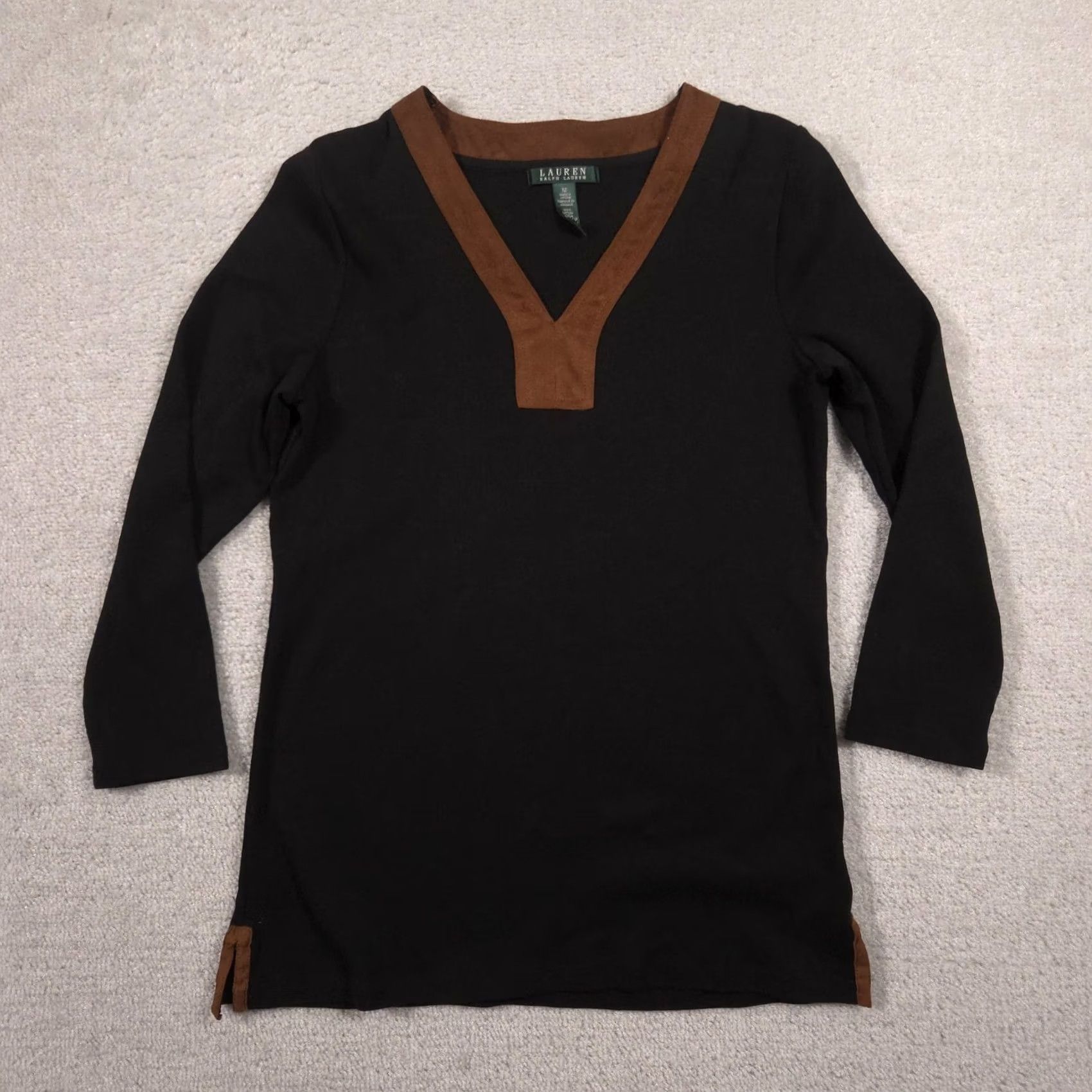 Ralph Lauren VINTAGE? No. Lauren Ralph Lauren Shirt Womens Medium Black Suede Trim 3/4 Sleeve Tunic Top Size M / US 6-8 / IT 42-44 - 2 Thumbnail