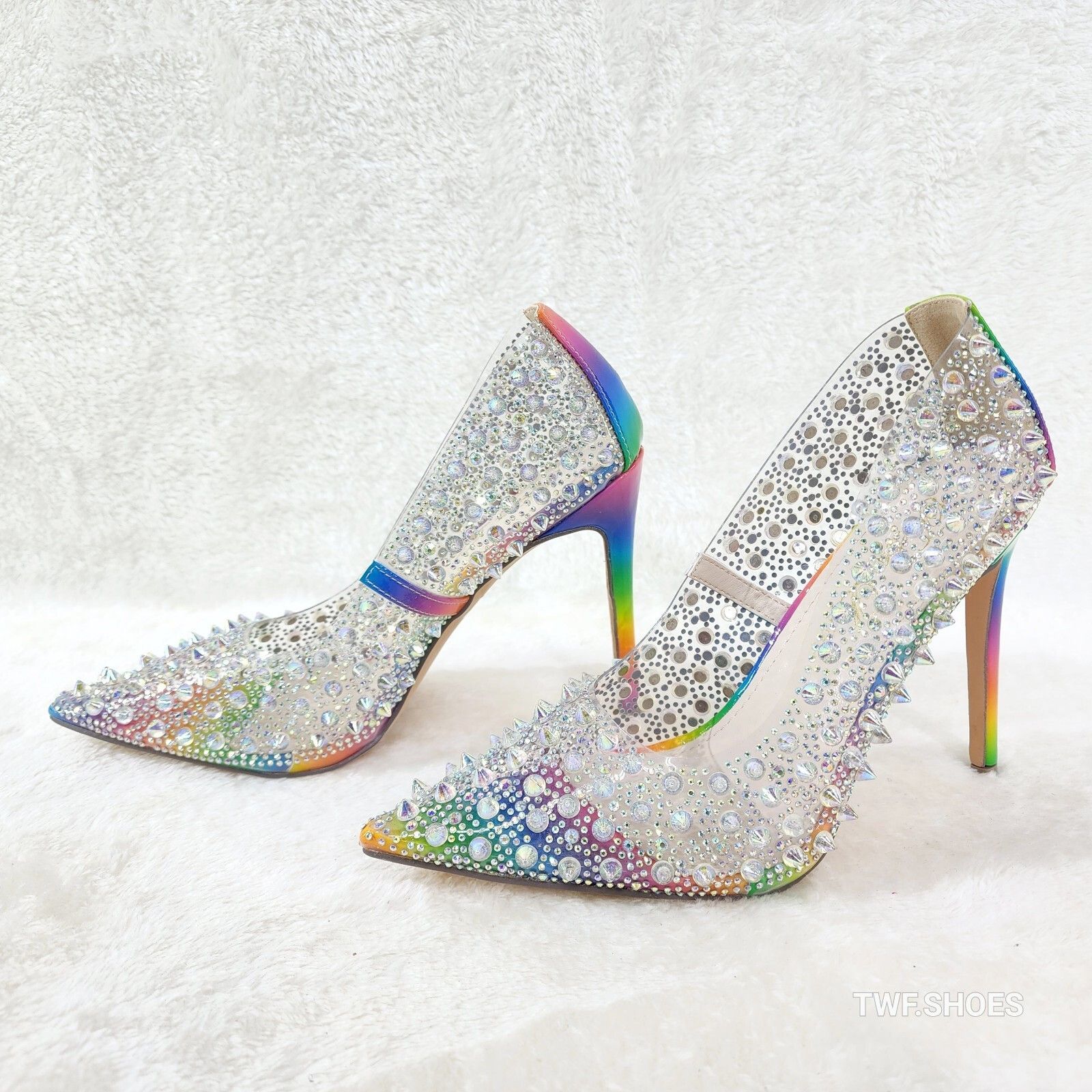 Spicy Stiletto PVC Clear Pumps Rainbow Studs & Rhinestone Pu