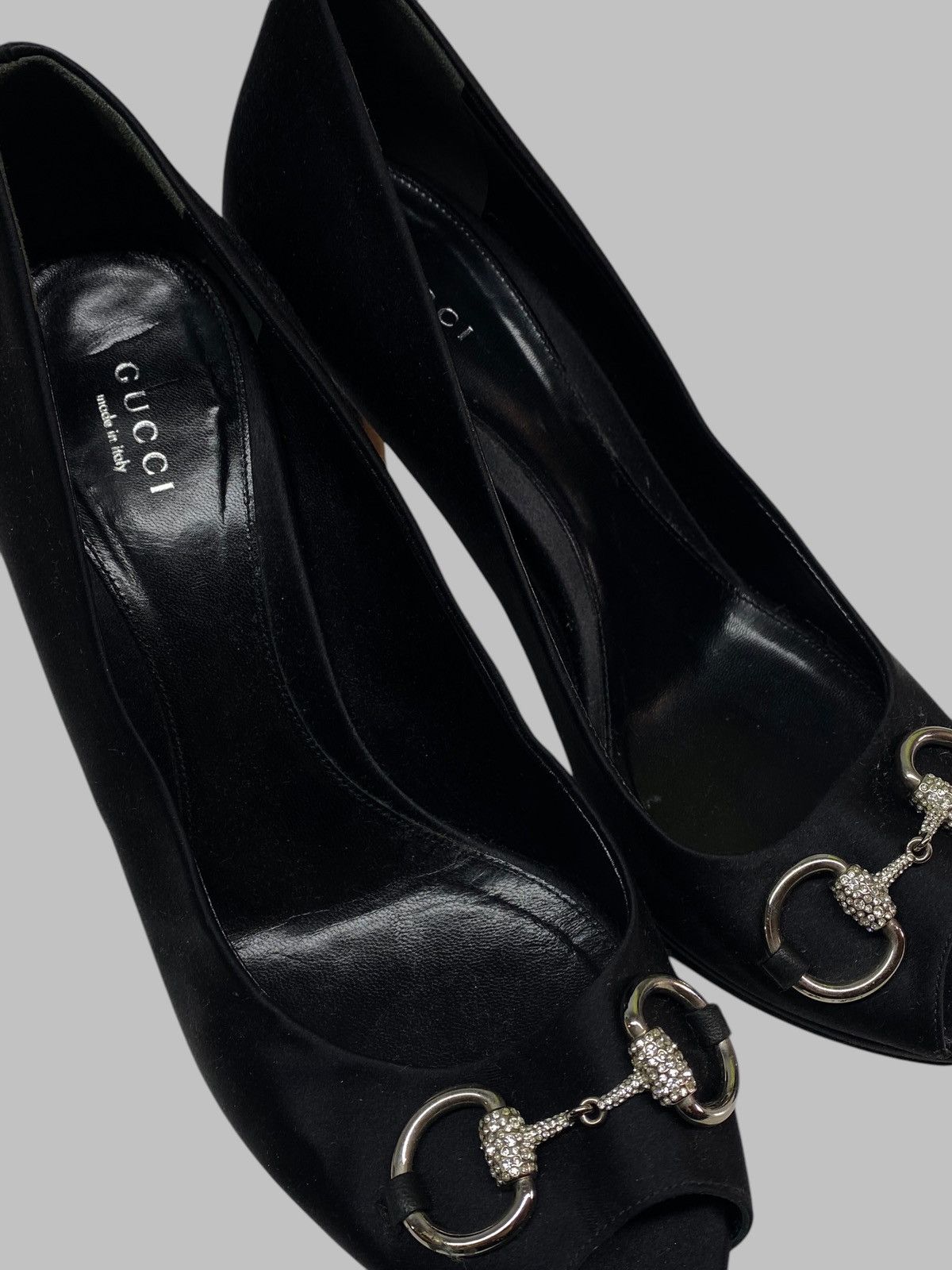 Gucci Gucci Black Satin Rhinestones Embellished Peep Toe Heels Size US 10 / IT 40 - 10 Thumbnail