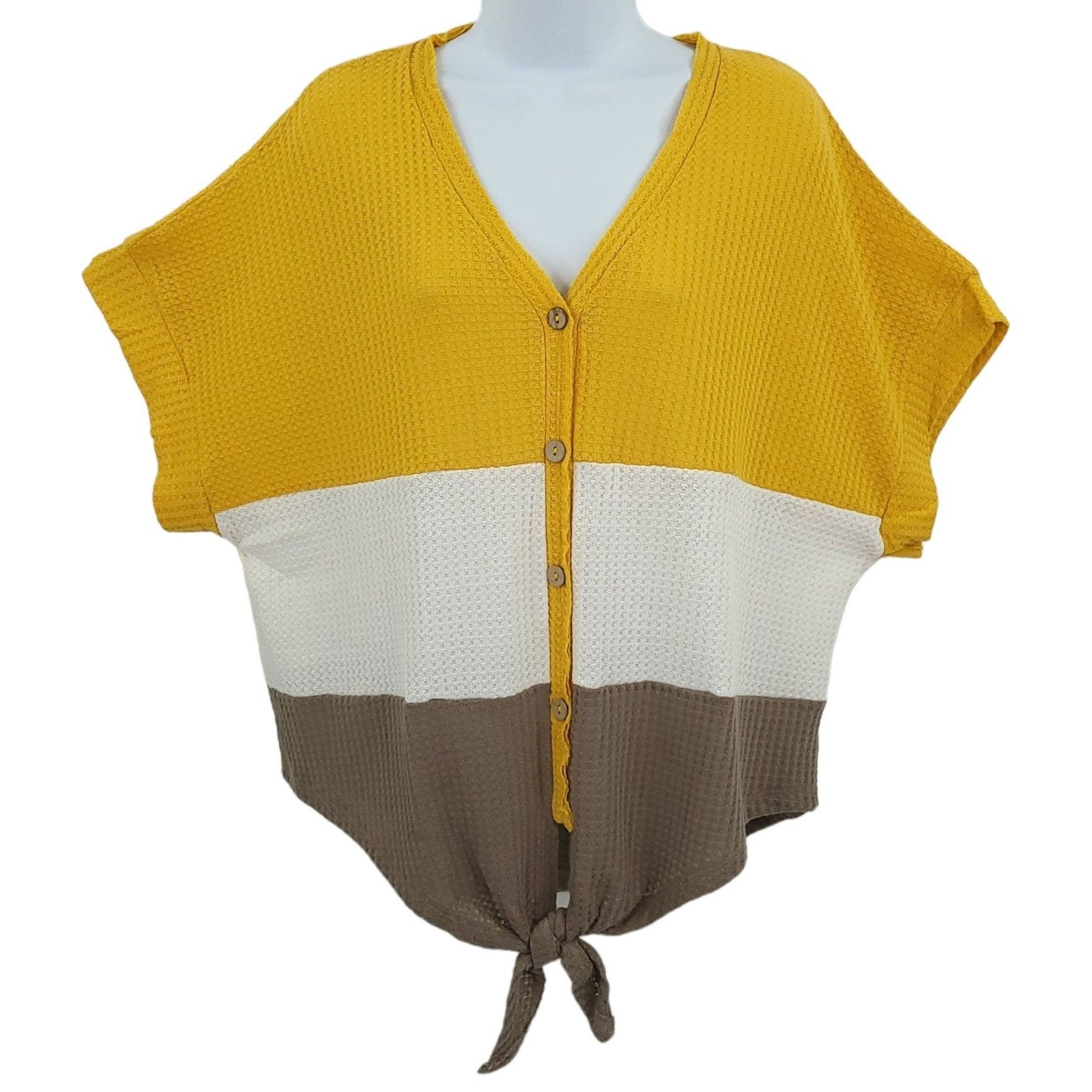 Other Umgee Waffle Knit Top Short Sleeve Womens S Mustard White Size S / US 4 / IT 40 - 1 Thumbnail