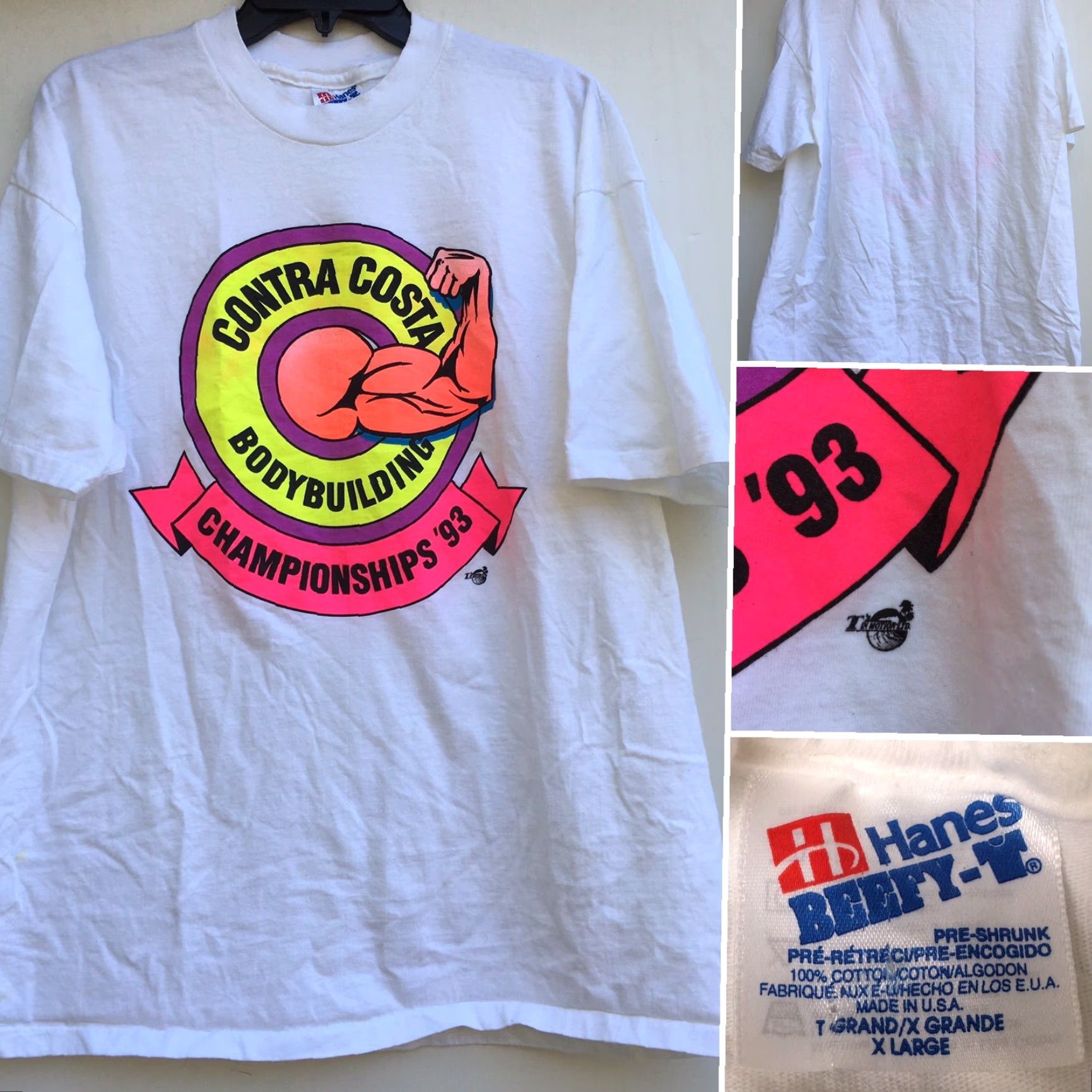 Vintage VINTAGE Hanes Beefy-T Contra Costa Bodybuilding Championships '93 T-Shirt 90s Neon Graphics XL White Mens Graphic Tee 1990s Size US XL / EU 56 / 4 - 2 Thumbnail