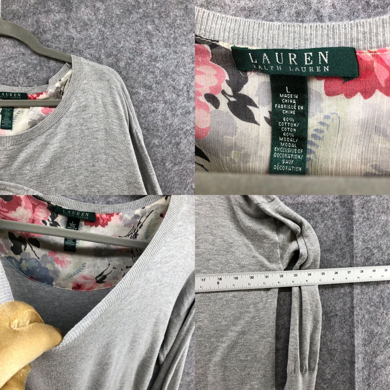 Ralph Lauren VINTAGE Lauren Ralph Lauren Sweater Womens L Gray Floral Crew Neck Long Sleeve Pullover Casual Lightweight Cotton Blend 90s Girls Size L / US 10 / IT 46 - 8 Thumbnail