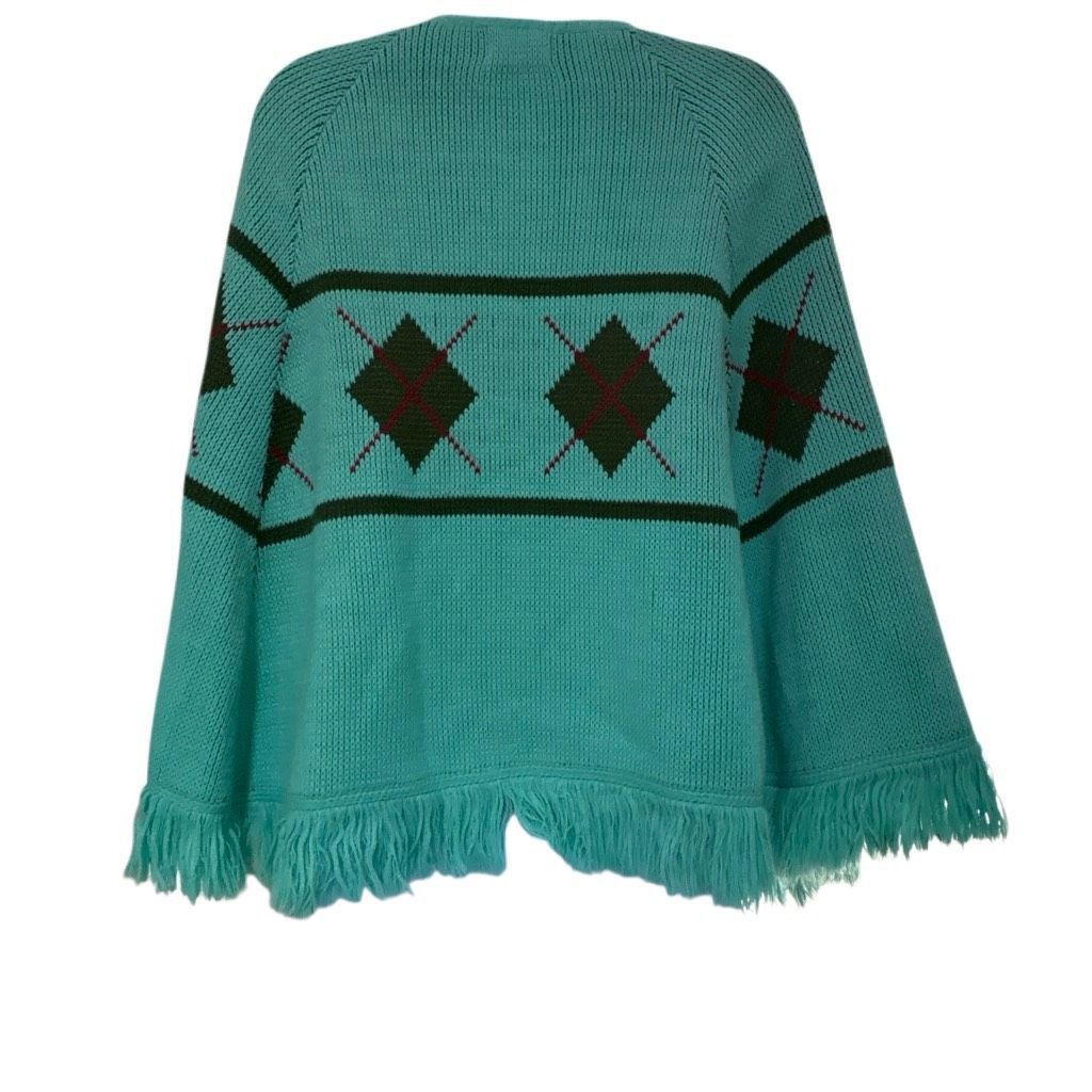 Vintage Vtg Carol Brent Teal Argyle Knit Cape Poncho Sweater 60s 70s Size M / US 6-8 / IT 42-44 - 2 Thumbnail