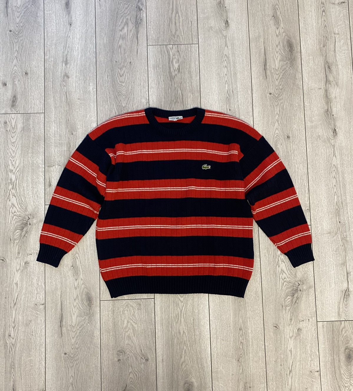 image of 80’S Chemise Lacoste Tight Knit Strip Sweater France in Black/Red Stripe, Men's (Size XL)