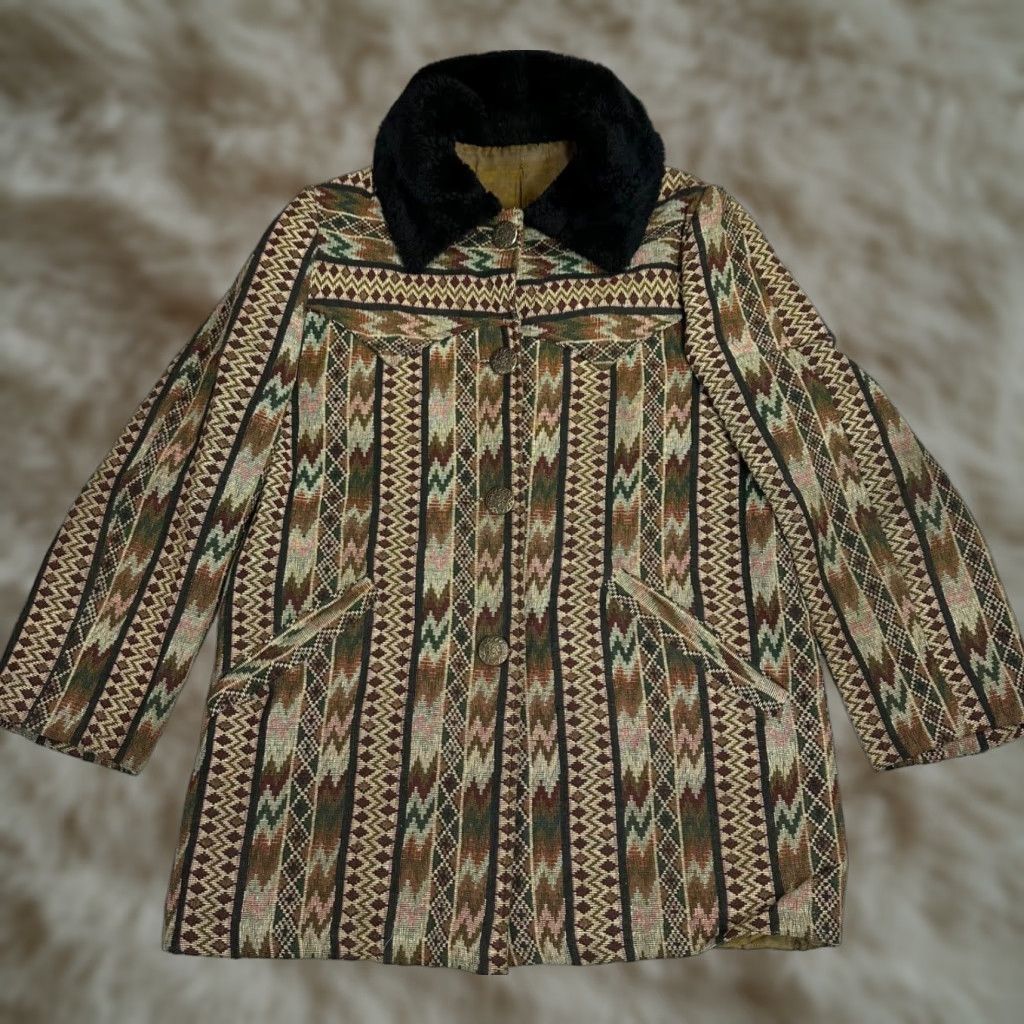Vintage VINTAGE Tregos Westwear Womens Aztec Print Jacket Sz 12 Brown Faux Fur Collar Jacket Women 12 Brown Aztec Print Size XL / US 12-14 / IT 48-50 - 1 Thumbnail