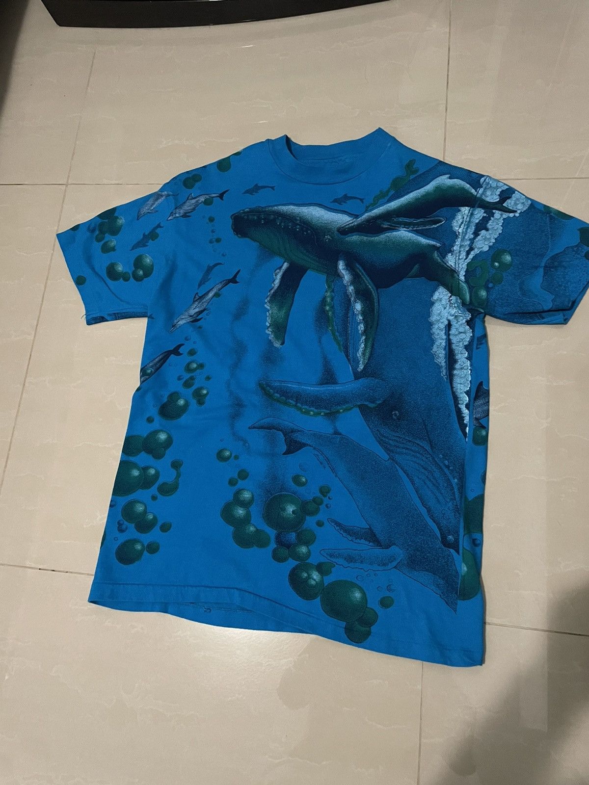 image of Whale Print Hanes Beefy Tee in Blue, Men's (Size Medium)