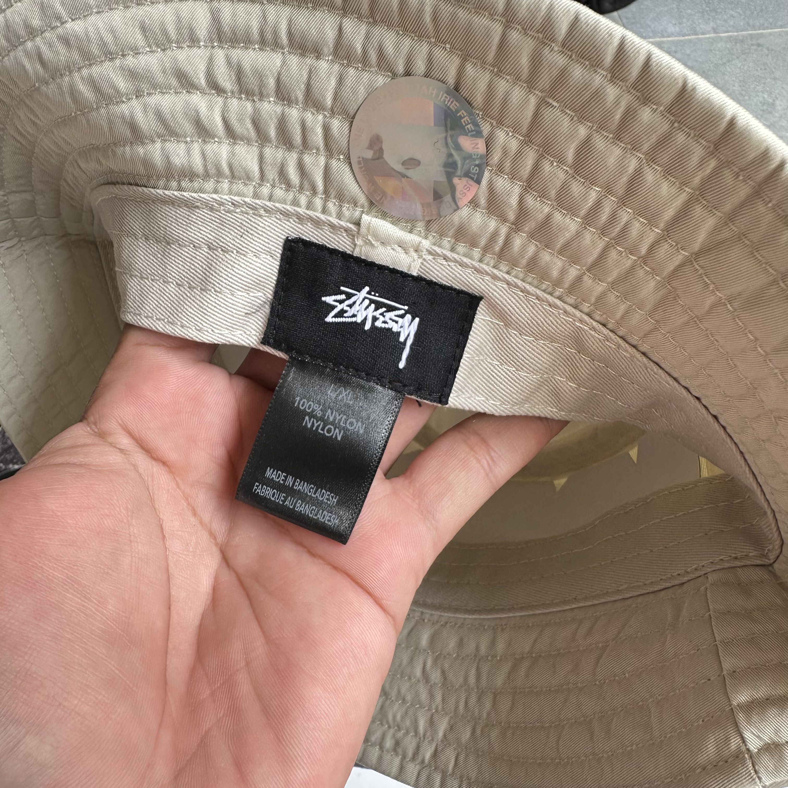 STUSSY REFLECTIVE TAPE BEIGE BUCKET HAT L/XL