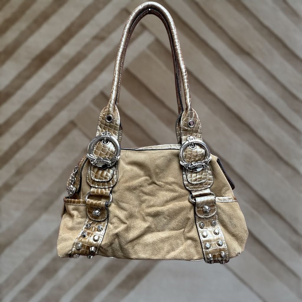 Vintage Kathy Van Zeeland Beige Faux Suede Croc Embossed Satchel Handbag Y2K Buckle Purse Shoulder Bag Size ONE SIZE - 1 Thumbnail