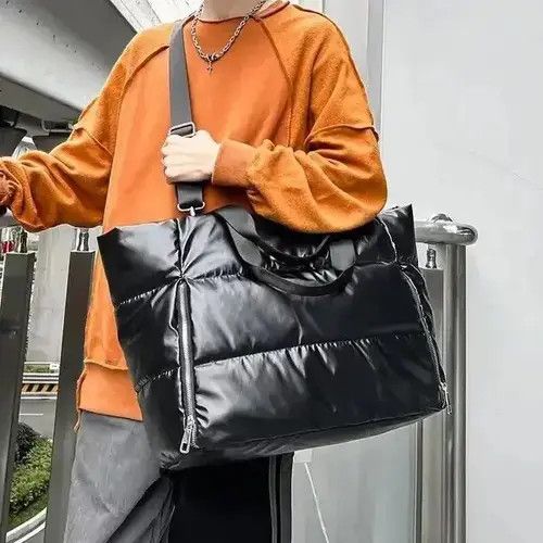 Vintage Fashion Y2K Zip Quilted Messenger Bag Tote Bag in Black, Men's