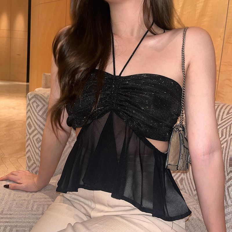 image of Vintage Sexy Thin Flash Slim Halter Vest in Black, Women's (Size Medium)