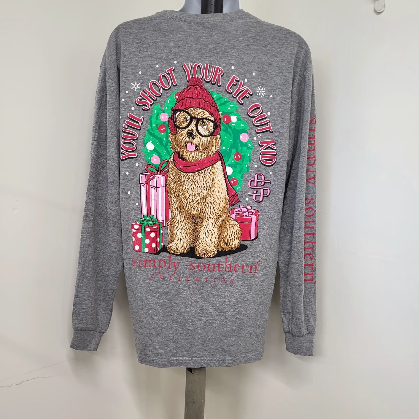 Vintage Simply Southern T-Shirt Woman’s Size Small Gray "You Will Shoot Your Eye Out Kid" Christmas Dog Crew Neck Long Sleeve Regular Cotton Shirt Womens Size S / US 4 / IT 40 - 2 Thumbnail