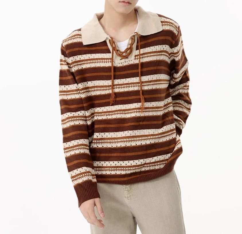 Japanese Brand × Vintage Vintage Guy Wide Collar Strap Contrast Stripe Sweater Size US XL / EU 56 / 4 - 1 Thumbnail