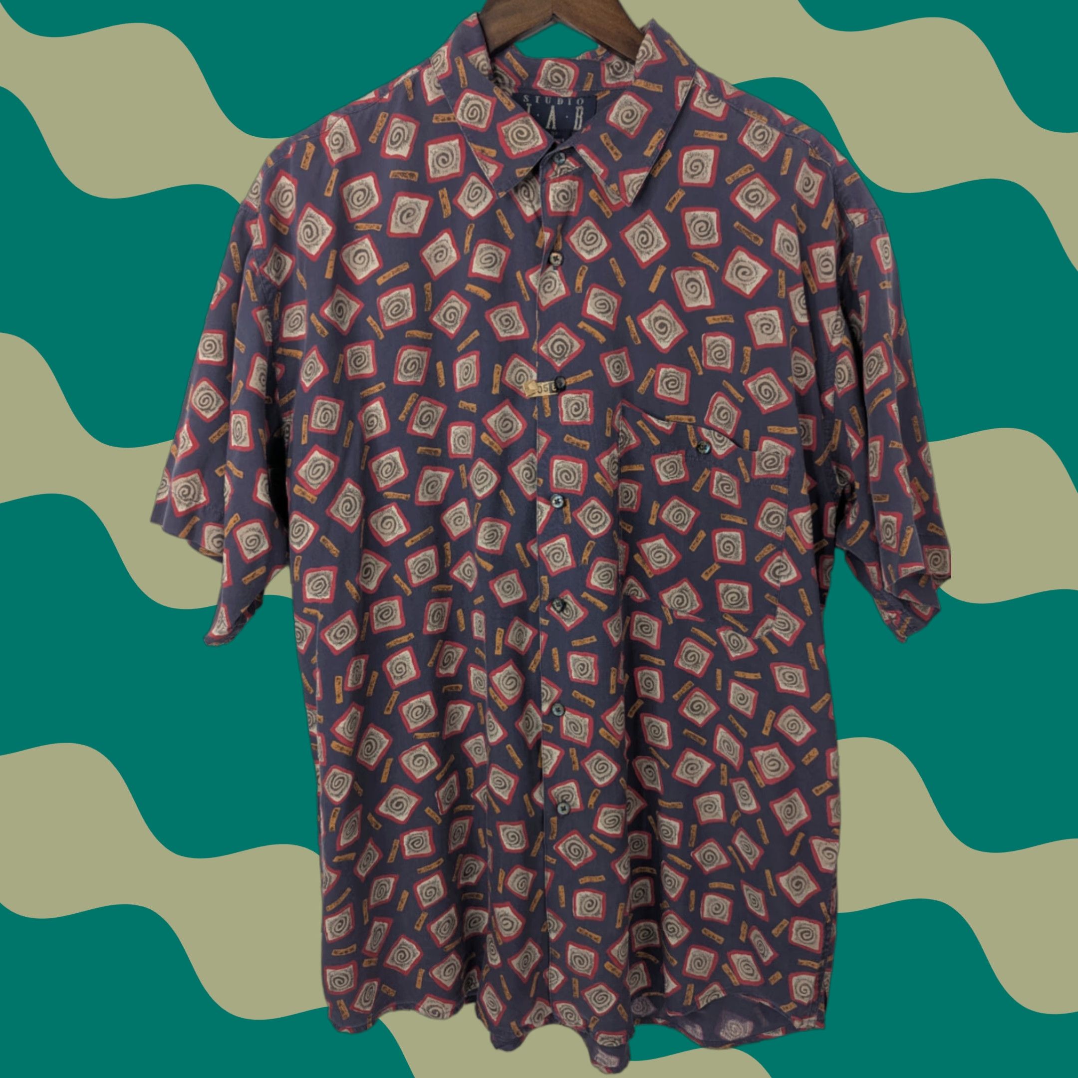 Vintage Vtg Studio Jab Silk Swirl Abstract Geometric Shirt Mens Sz L Button Short Sleeve Size US L / EU 52-54 / 3 - 1 Thumbnail