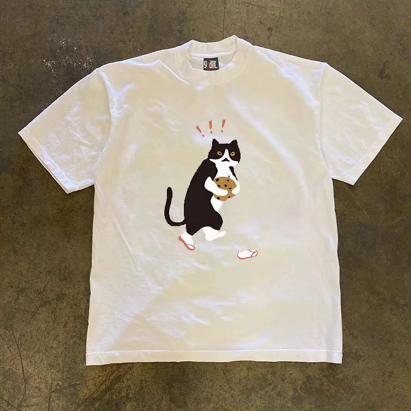 Japanese Brand Casual Retro Cartoon Cat Print Cotton T-shirt Size US M / EU 48-50 / 2 - 1 Thumbnail