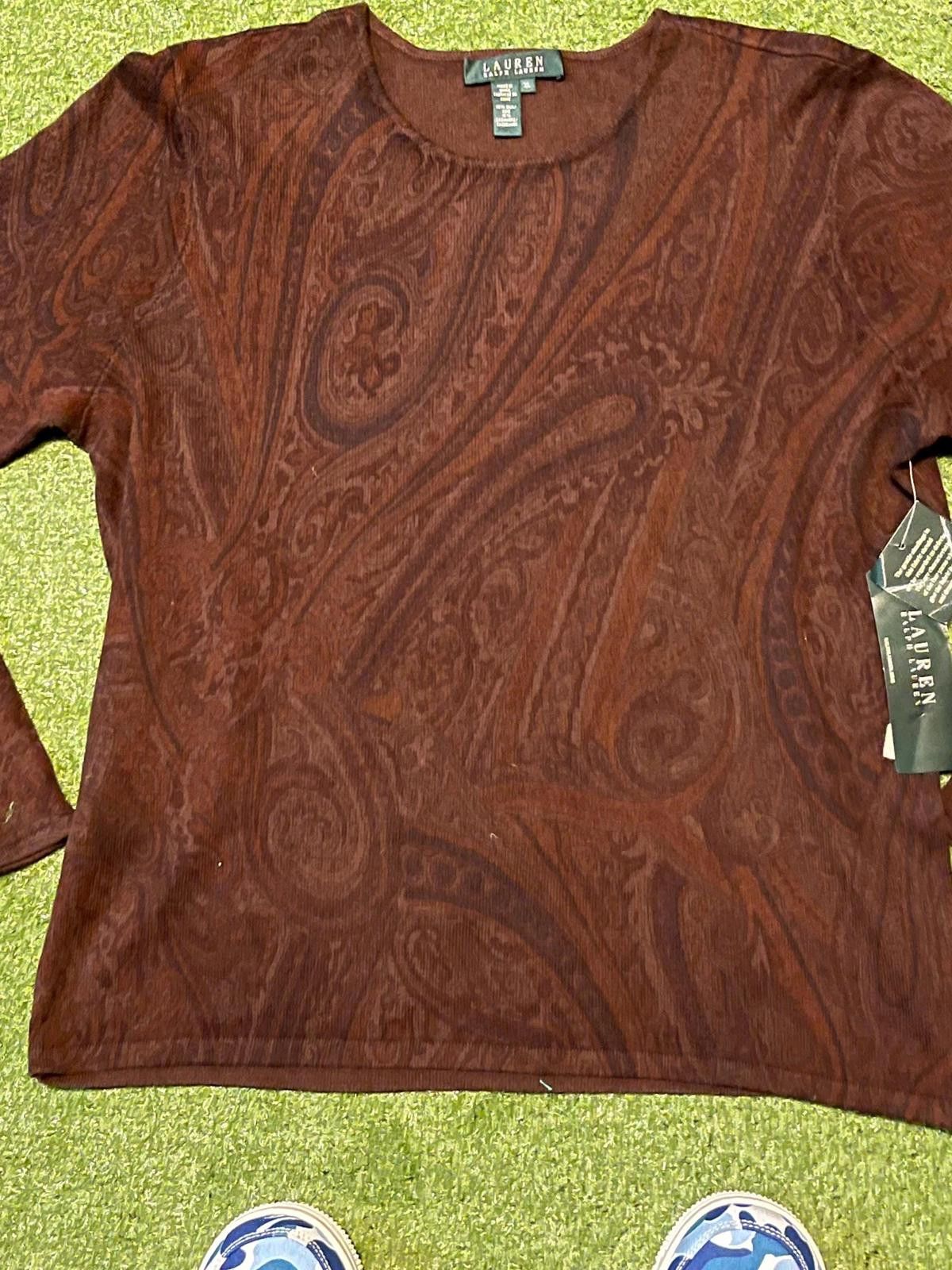 Lauren Ralph Lauren Lauren Ralph Lauren Women's Long Sleeve Top Brown Paisley Size ONE SIZE - 3 Thumbnail