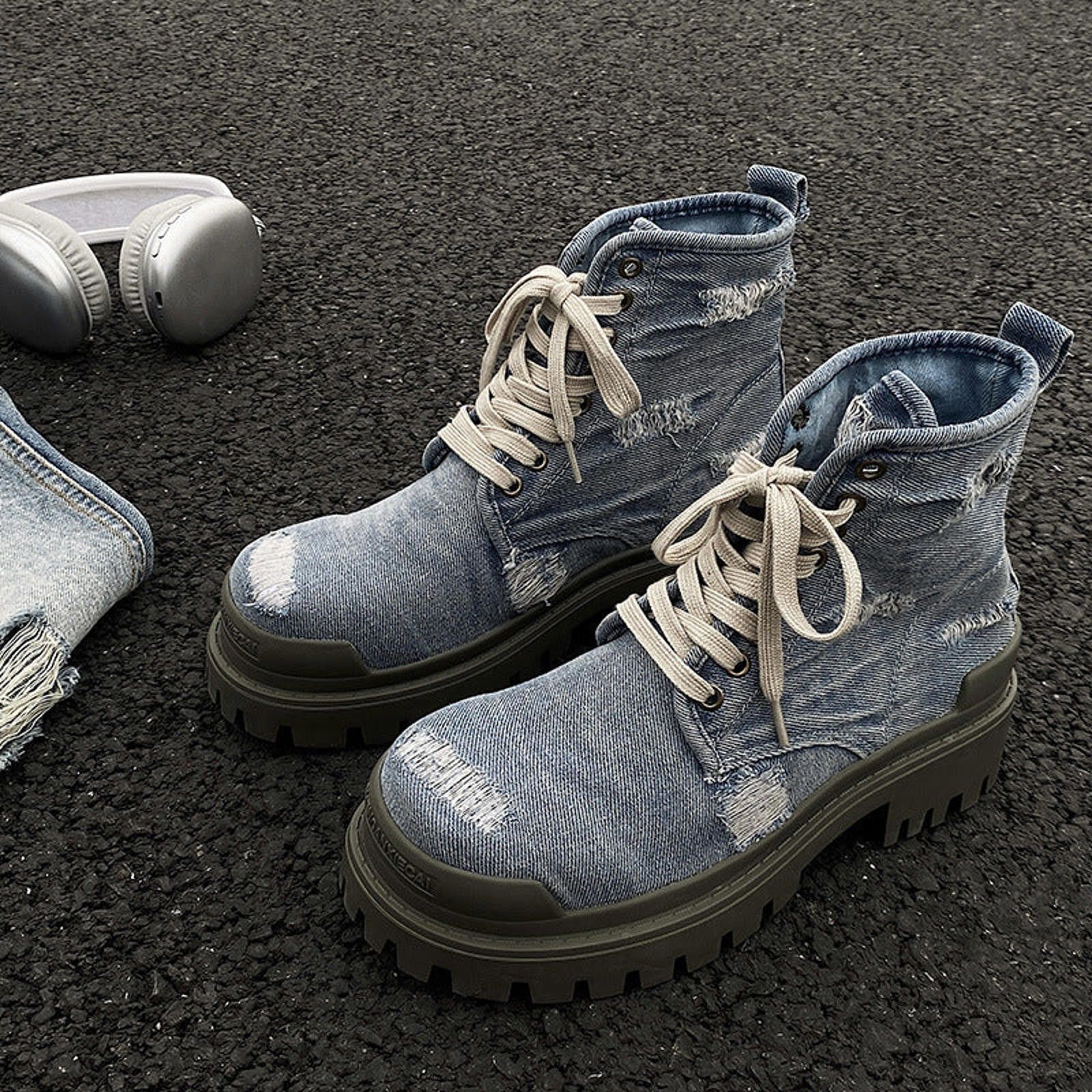 Japanese Brand Blue Distressed Denim Boots | Vintage Wash Thick-Sole Size US 10 / EU 43 - 1 Thumbnail
