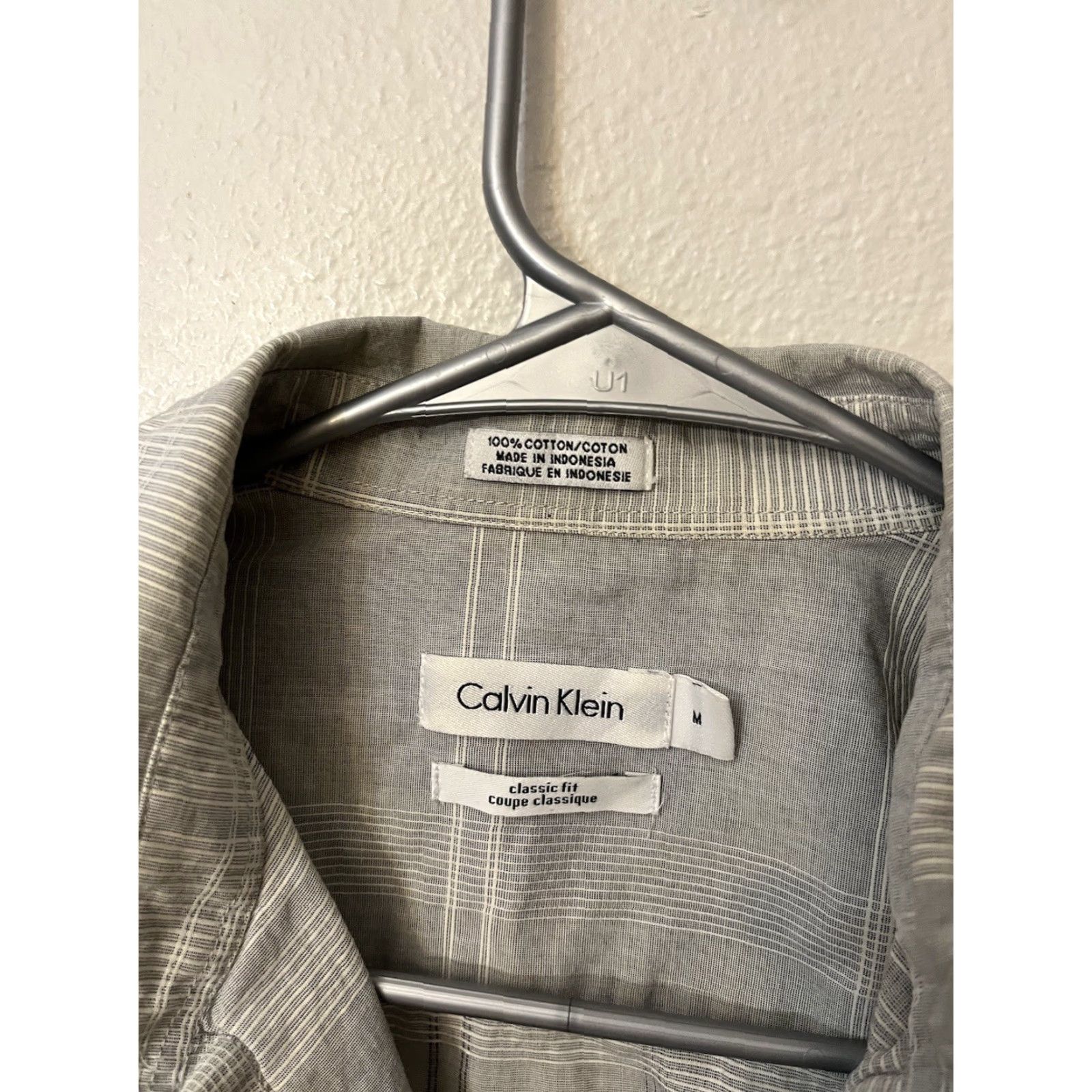 Calvin Klein Calvin Klein Mens Button-Up Shirt L/S Shirt Classic Fit Gray Plaid Busy Casual Office Slim M Size US M / EU 48-50 / 2 - 3 Thumbnail