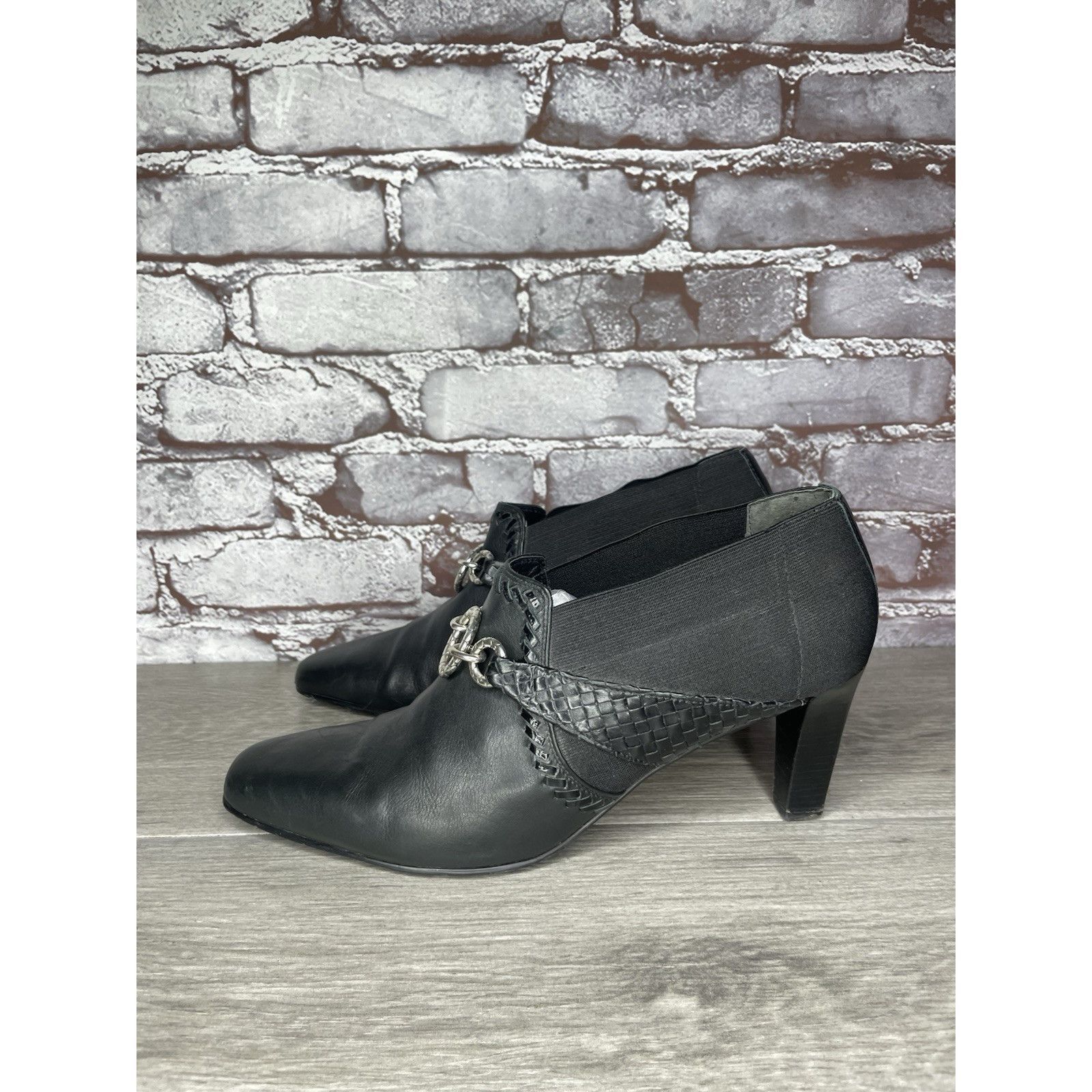 Brighton Brighton Rizzo Black Leather Silver Elastic Heel Ankle Booti Size US 10 / IT 40 - 1 Thumbnail