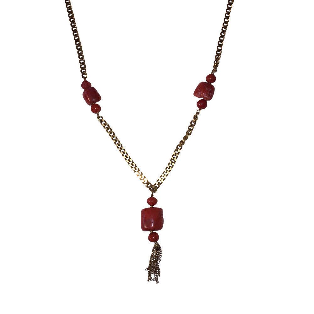 Designer Red Coral Nugget Bead 18 kt Gold Filled Tassel Necklace Size ONE SIZE - 1 Thumbnail