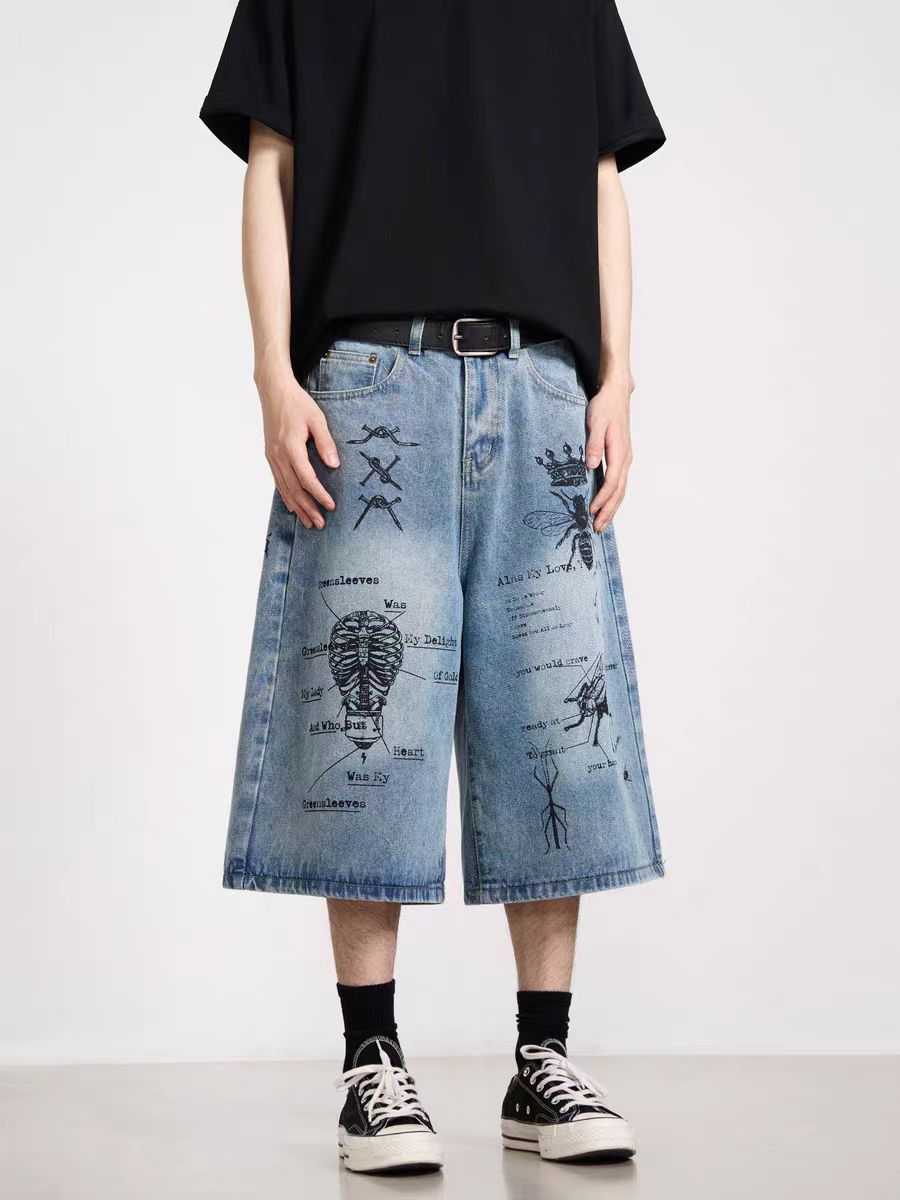 Vintage Retro graffiti insect pattern baggy denim shorts Size US 33 - 4 Thumbnail