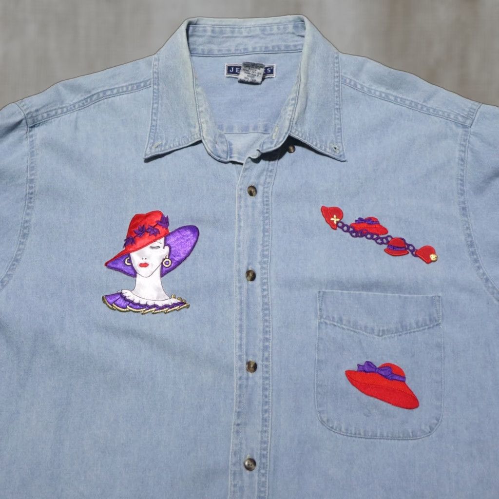 Denime Harriton Shirt Women XL Blue Denim Short Sleeve Button-Down Front Pocket Embroidered 100% Cotton Size XL / US 12-14 / IT 48-50 - 1 Thumbnail