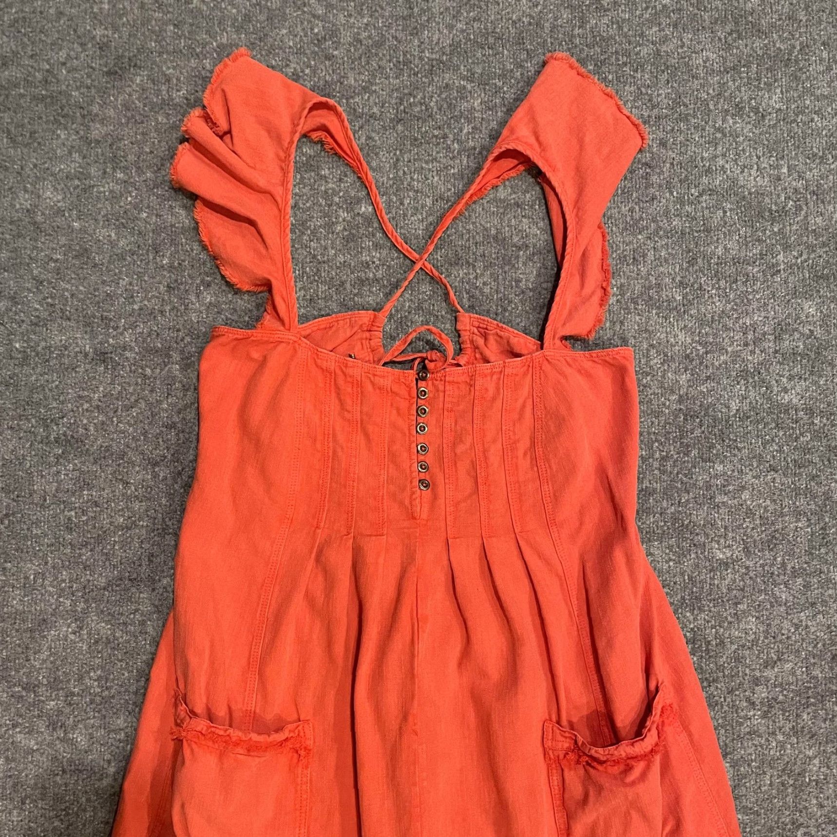 Vintage VINTAGE Pilcro Dress ORANGE RED Tie Back Flutter Sleeve Midi Womens M Orange Red Pilcro Sundress Casual Cotton Linen 90s? Size M / US 6-8 / IT 42-44 - 3 Thumbnail