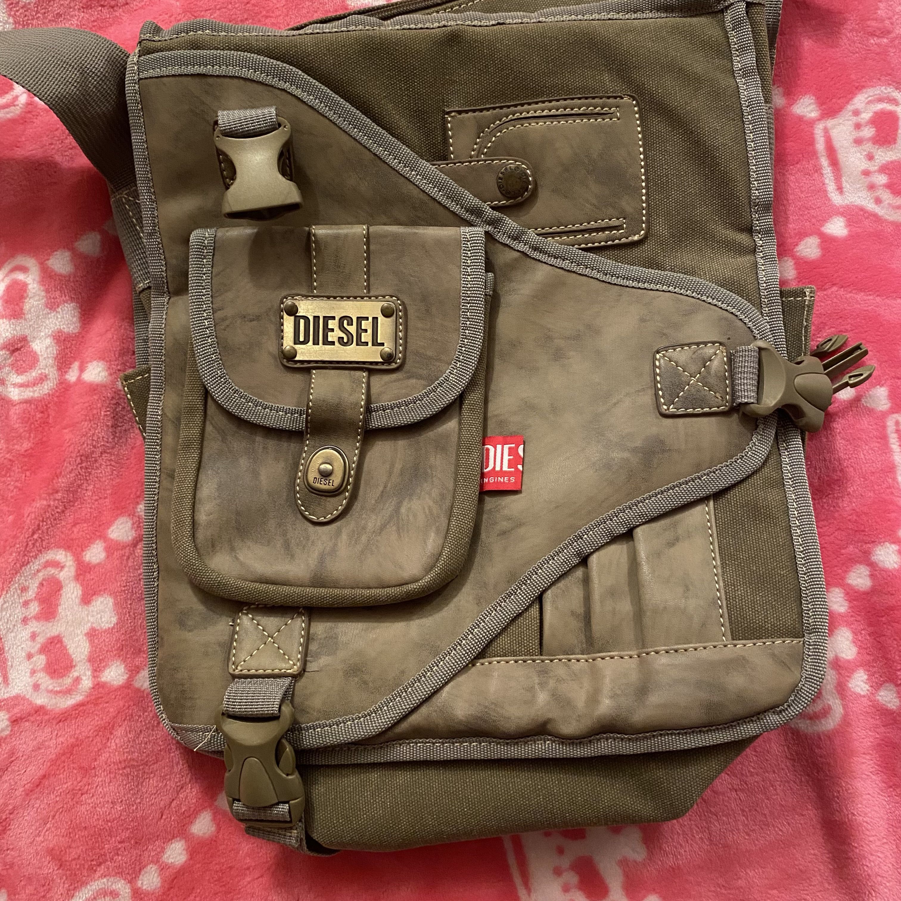 Diesel Spare offers Parts Shoulder Bag Leather And Green Canvas Crossbody Purse