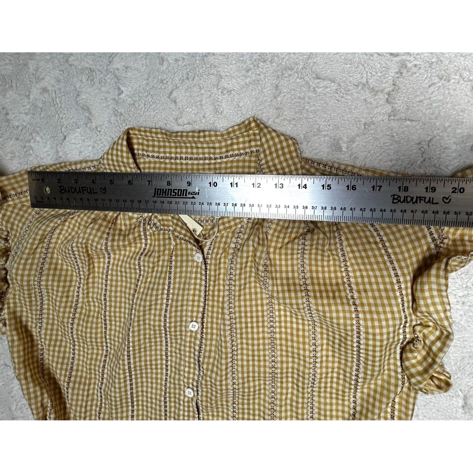 Vintage Max Studio Gingham Check Textured Button Up Ruffle Shirt Medium Yellow New Size M / US 6-8 / IT 42-44 - 6 Thumbnail